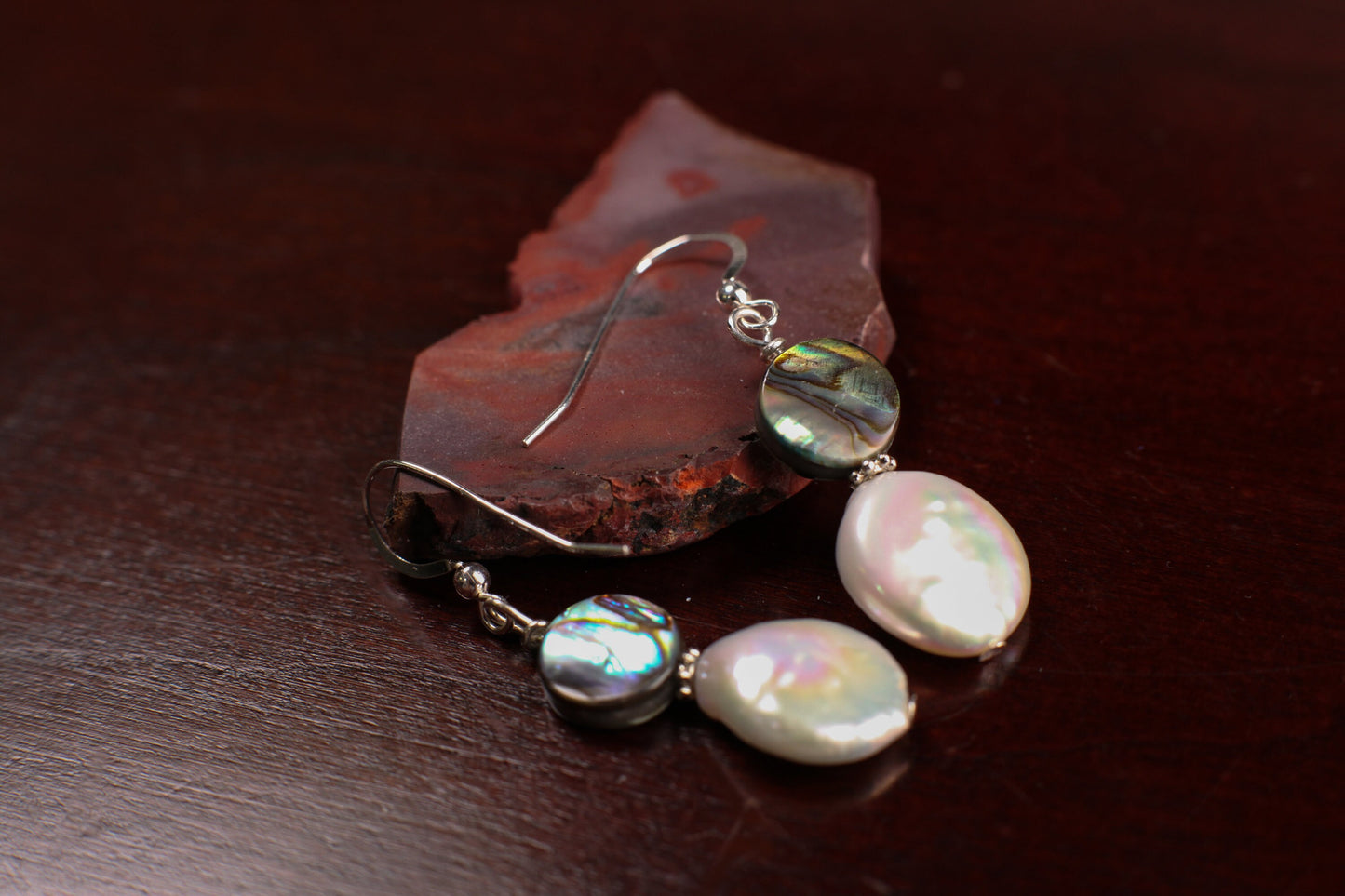 Freshwater Coin Pearl 13mm Dangle with Abalone Paua Natural Shell 925 Sterling Silver Earrings