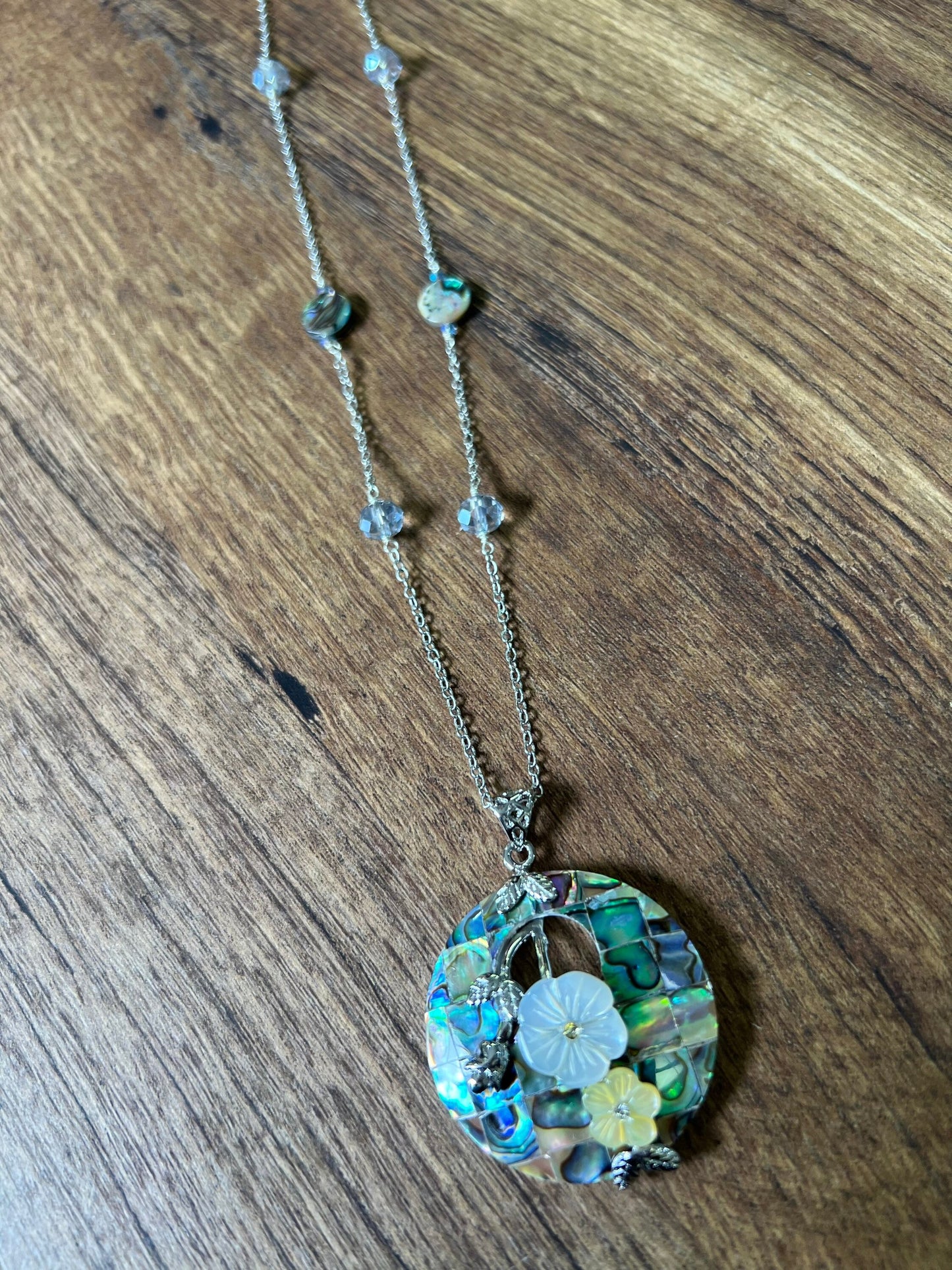 Genuine Abalone Paua Shell 40mm disc donut flower with 10mm abalone dime and crystal rhodium sterling silver 21” necklace, vintage gift