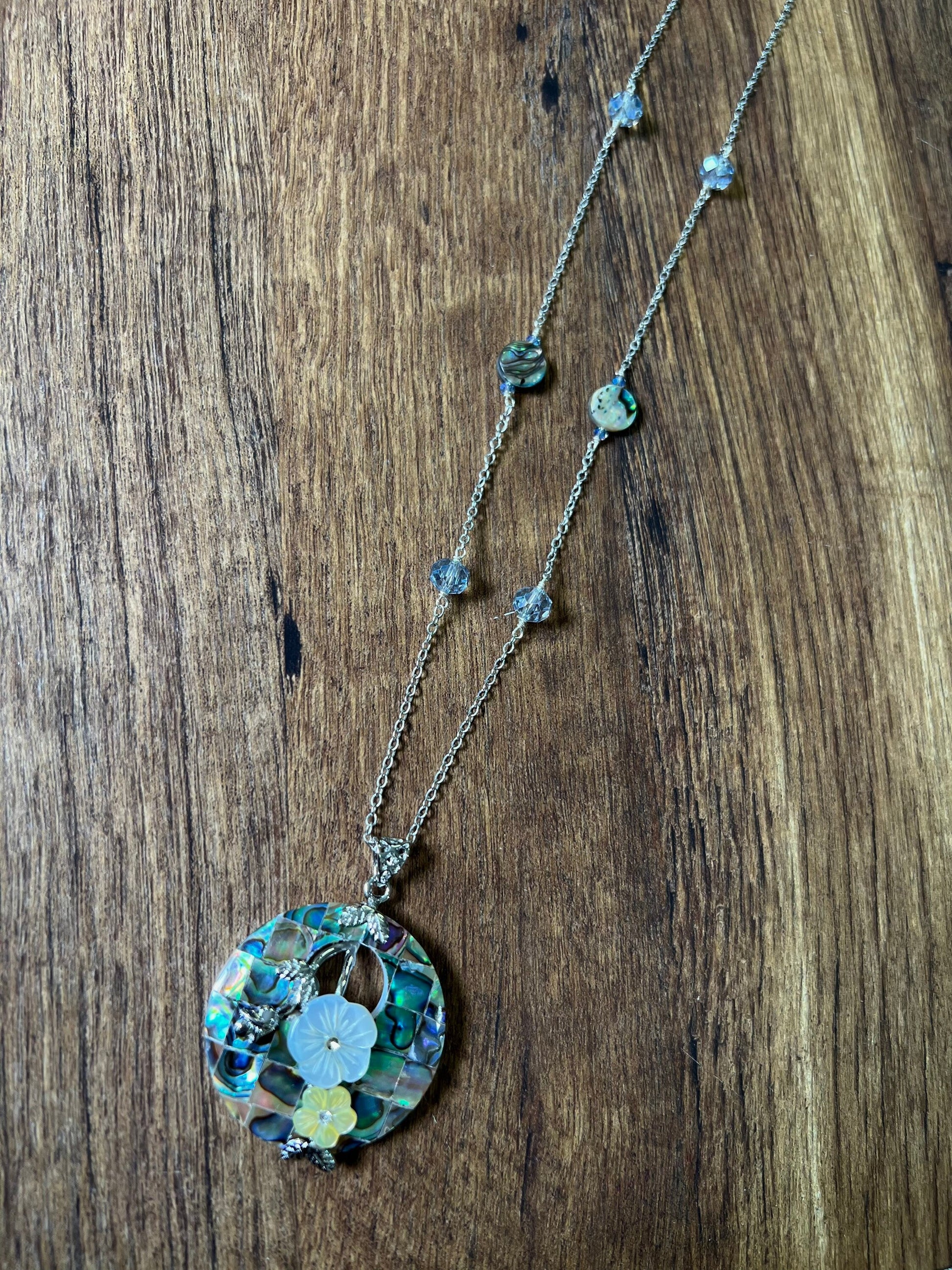 Genuine Abalone Paua Shell 40mm disc donut flower with 10mm abalone dime and crystal rhodium sterling silver 21” necklace, vintage gift