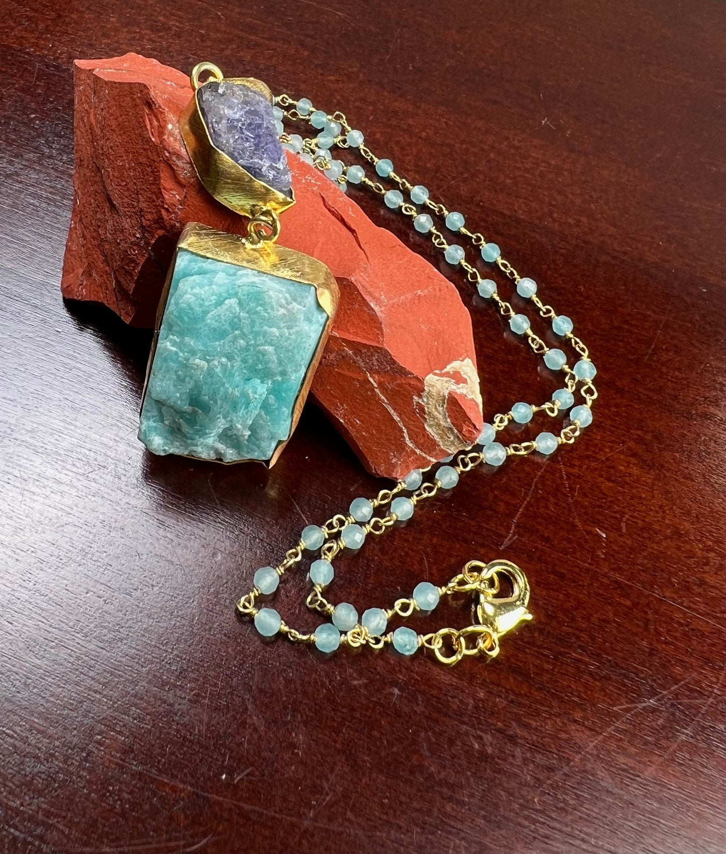 Natural Larimar Raw and Amethyst raw handmade 18k gold bezel Necklace, matching blue Apatite rosary chain . Good luck , healing chakra