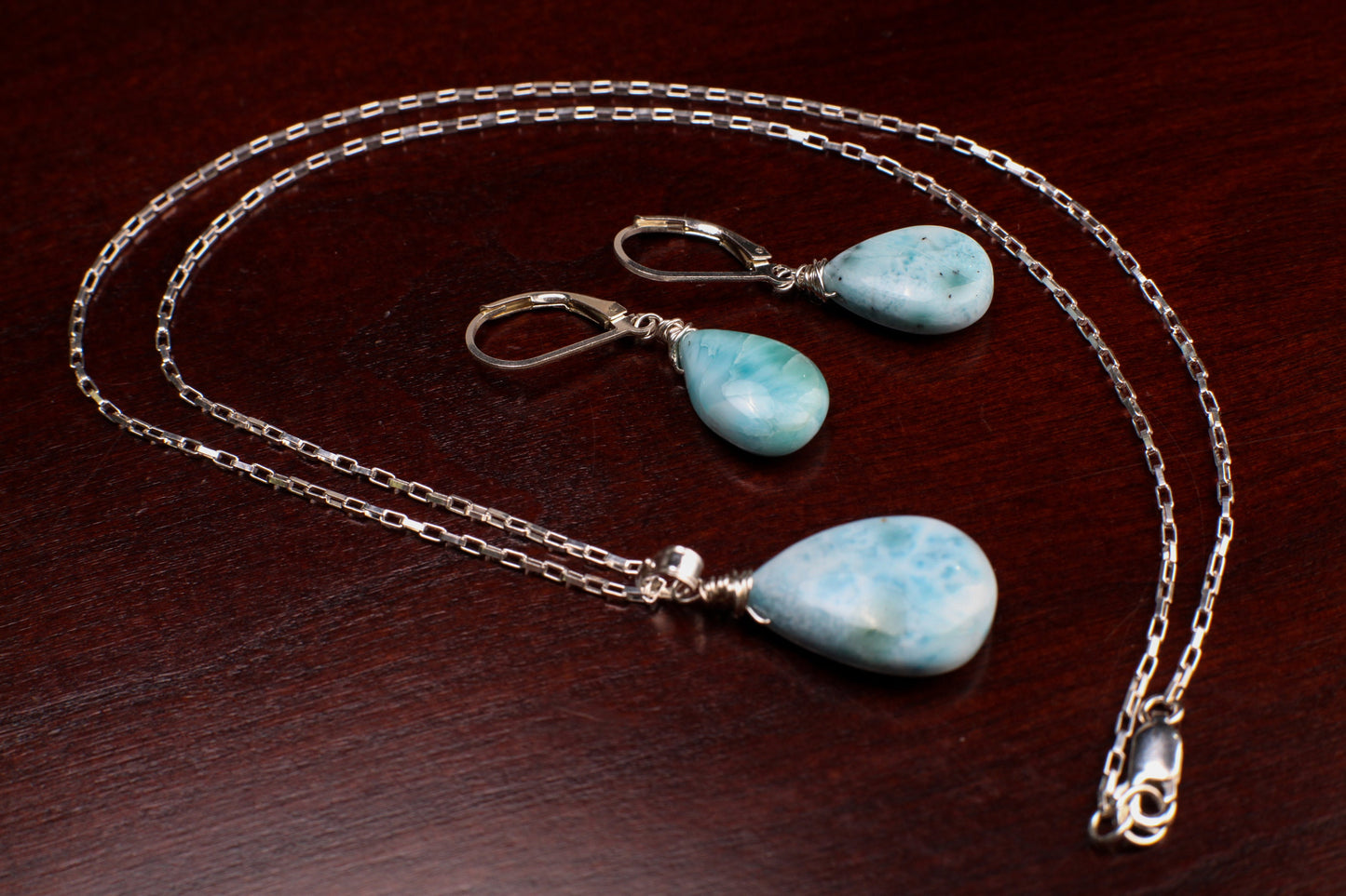 Natural Larimar 14x20mm Teardrop Wire Wrapped in 925 Sterling Silver Matching Earrings Necklace Jewelry Set