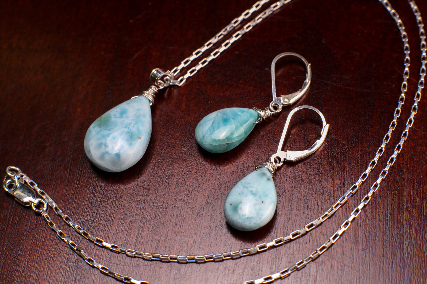 Natural Larimar 14x20mm Teardrop Wire Wrapped in 925 Sterling Silver Matching Earrings Necklace Jewelry Set