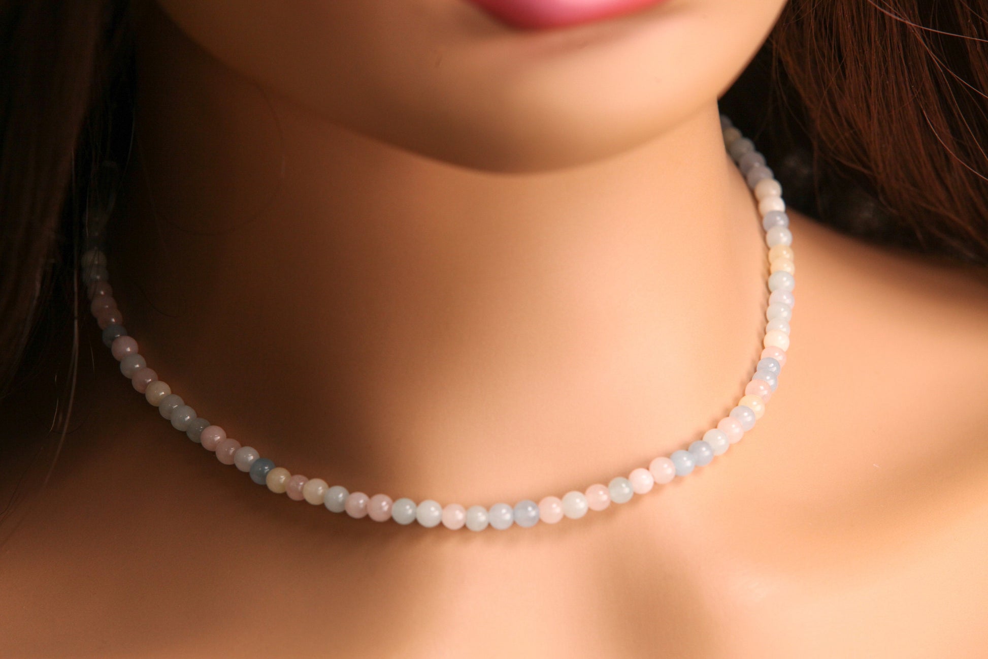 Morganite Round 4.5mm Baby Pink Blue Necklace for Man and Woman in Silver Lobster Clasp, Beach Boho Summer Gift