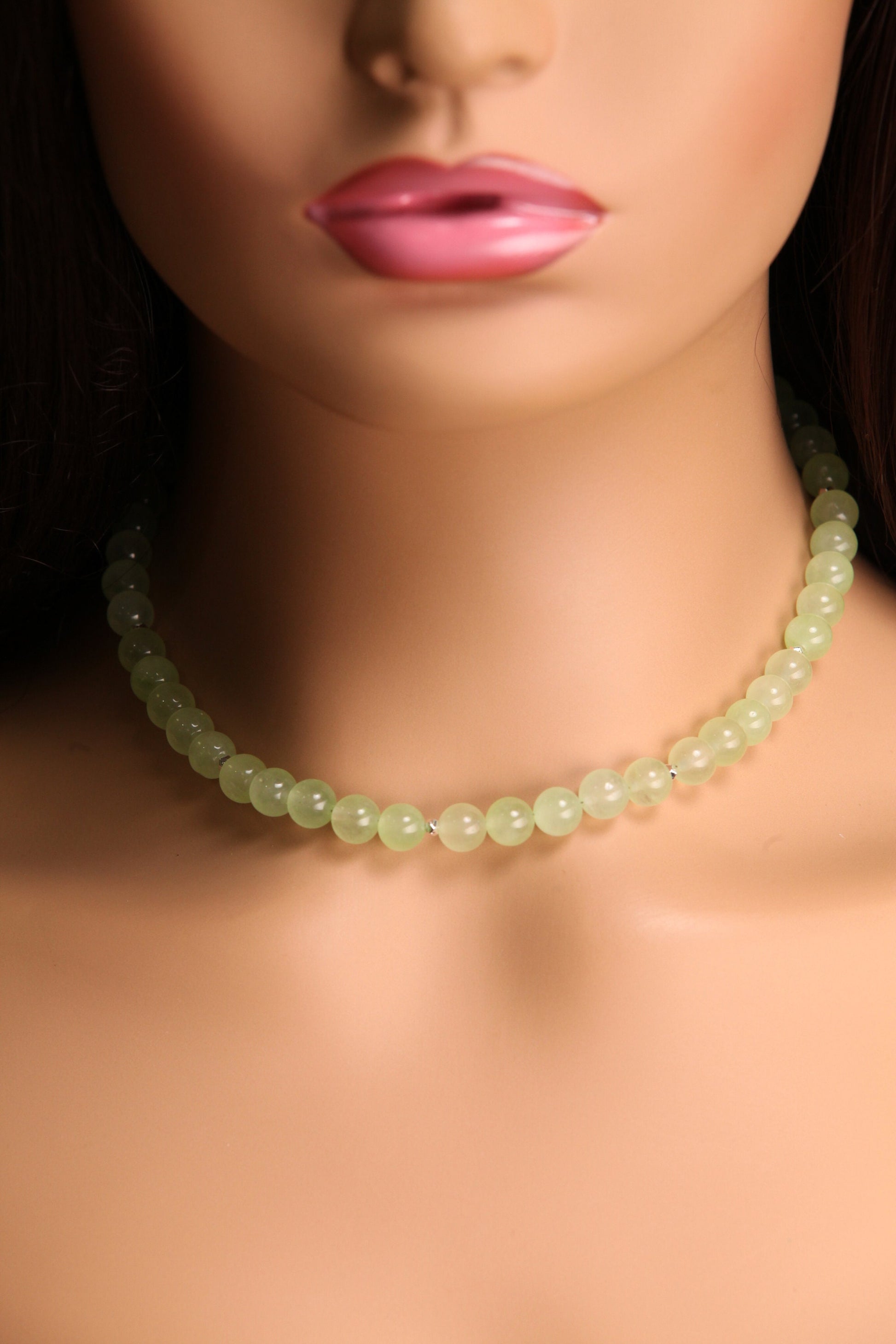 Mountain Jade Pastel Light Green 8mm smooth round Silver Necklace Choose from 16" to 34"