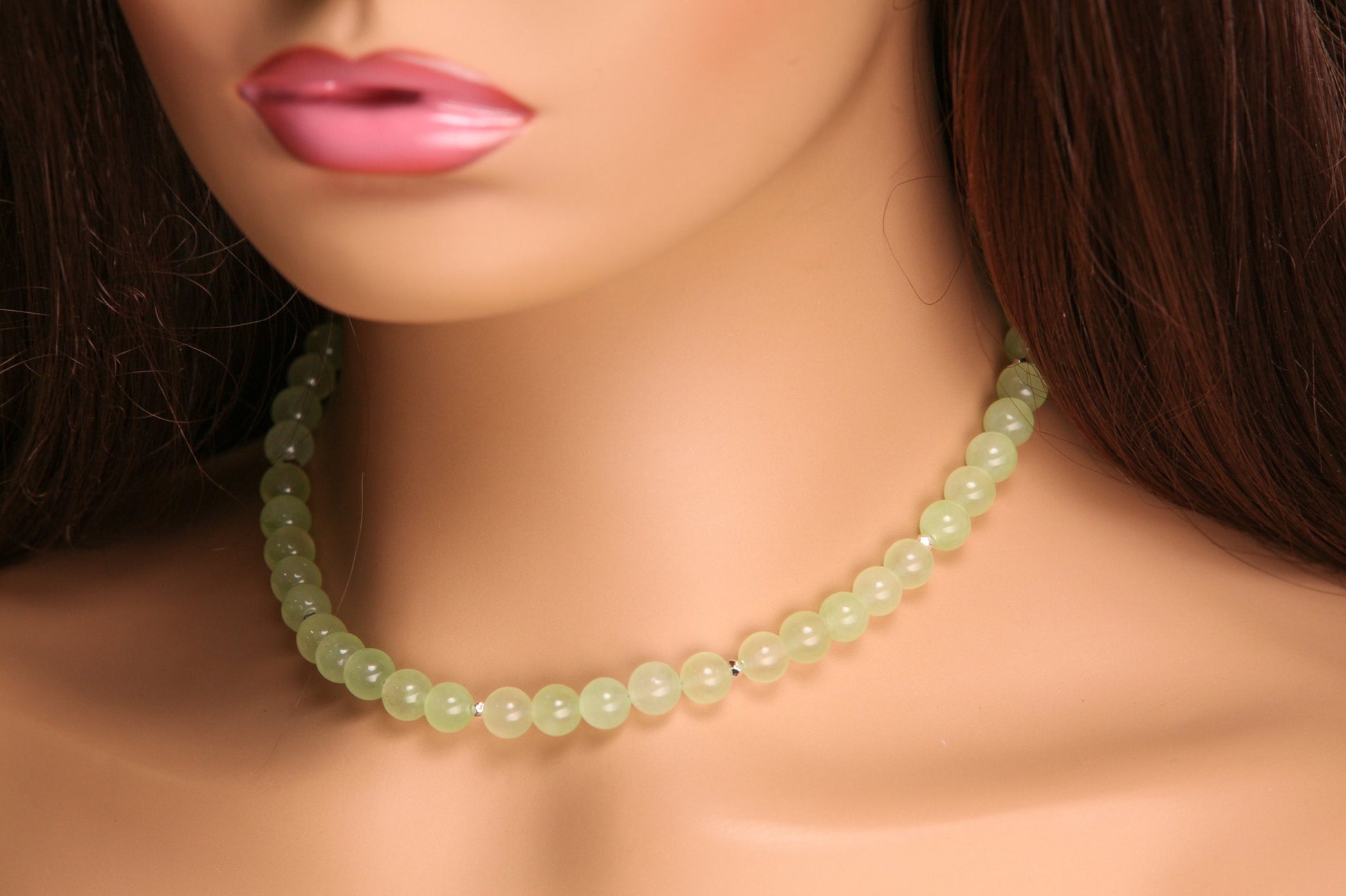 Mountain Jade Pastel Light Green 8mm smooth round Silver Necklace Choose from 16" to 34"