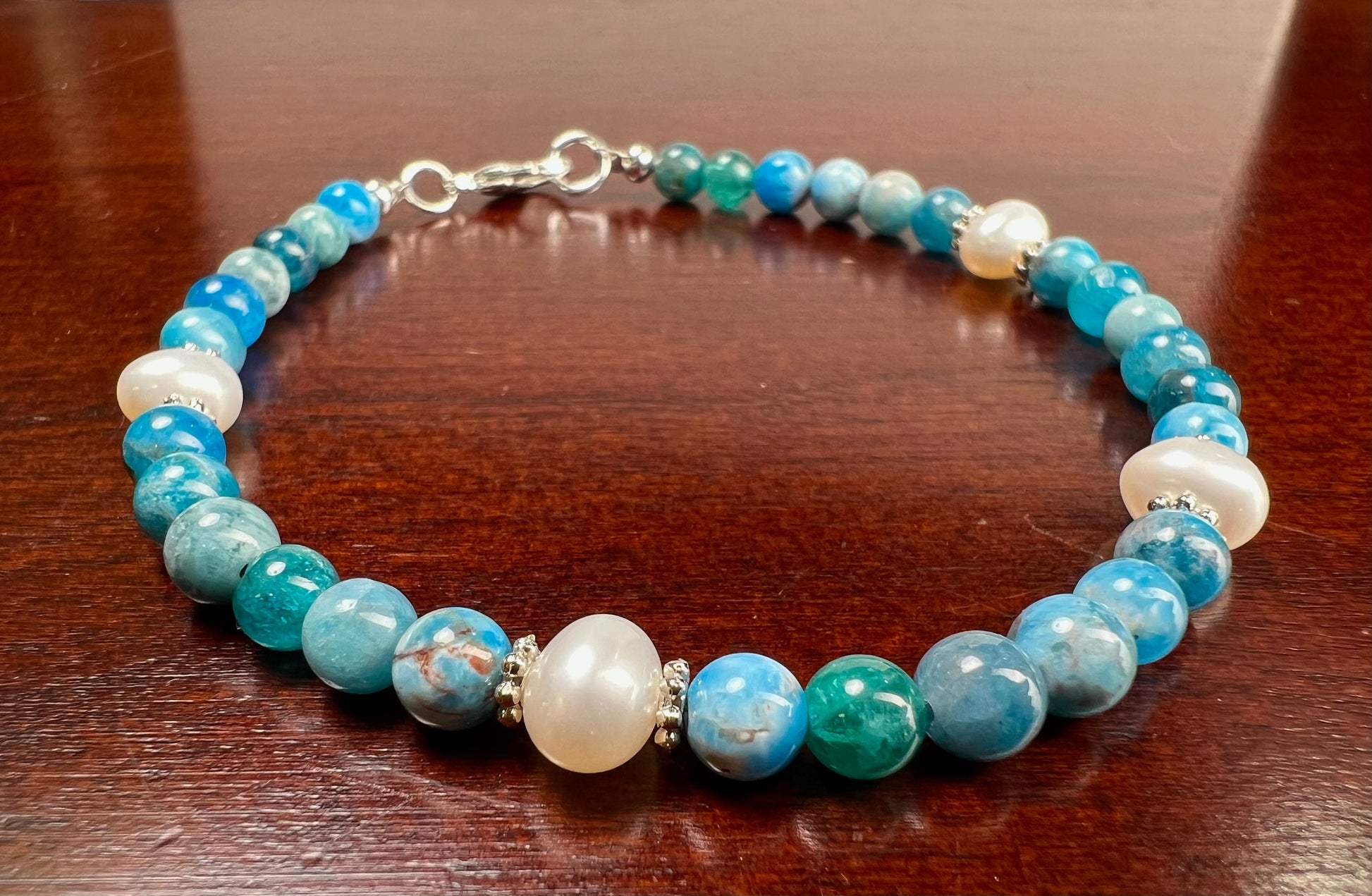 Natural Apatite 4mm smooth round bead with freshwater potato pearl spacer stretchy bracelet , yoga healing gemstone