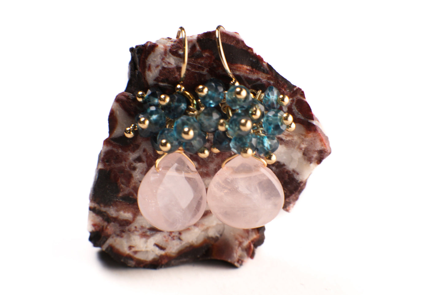 Natural Madagascar Rose Quartz Faceted heart drop London Blue Topaz cluster earring, 925 sterling silver or 14k gold filled