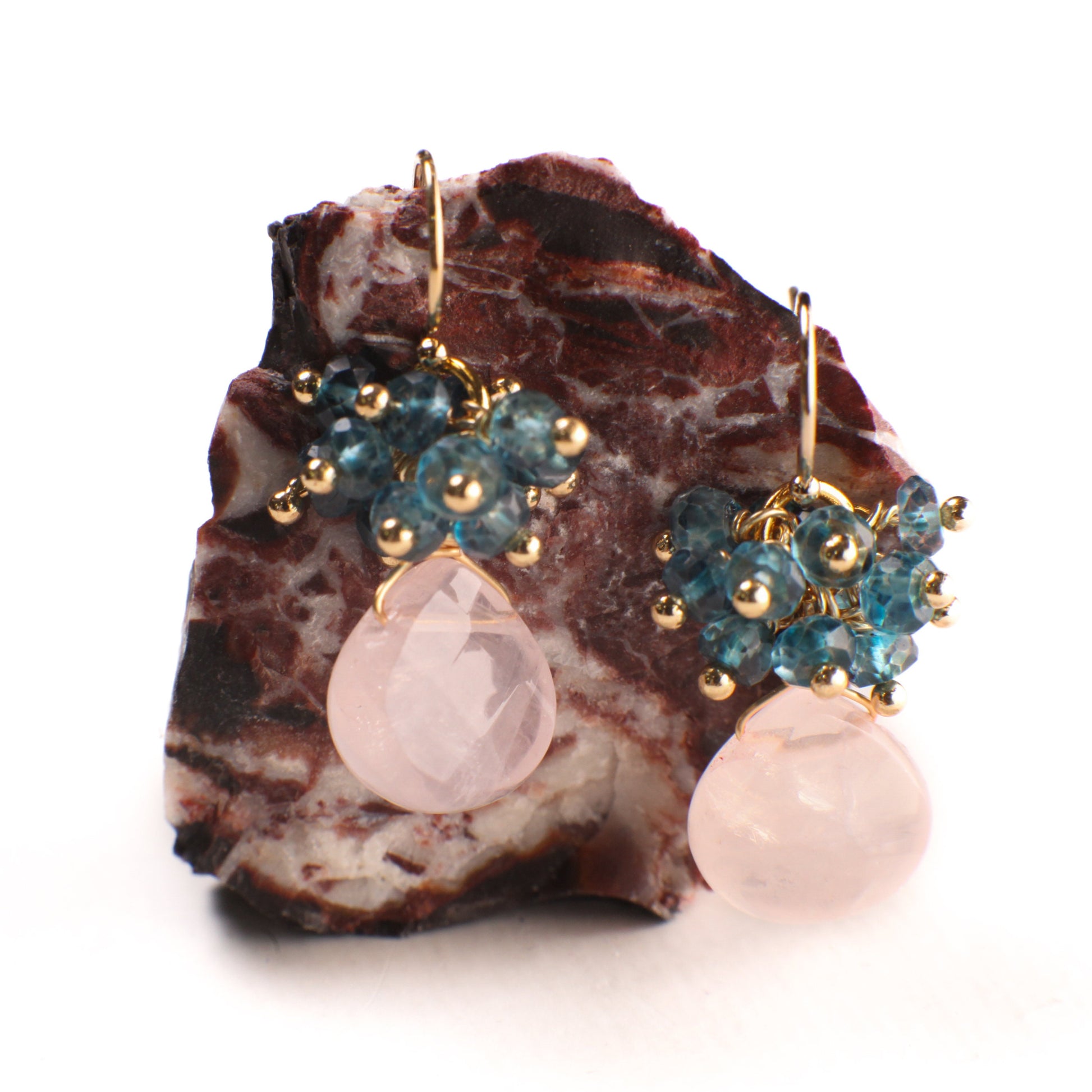 Natural Rose Quartz drop & London Blue Topaz cluster earring, 925 sterling silver or 14k gold filled