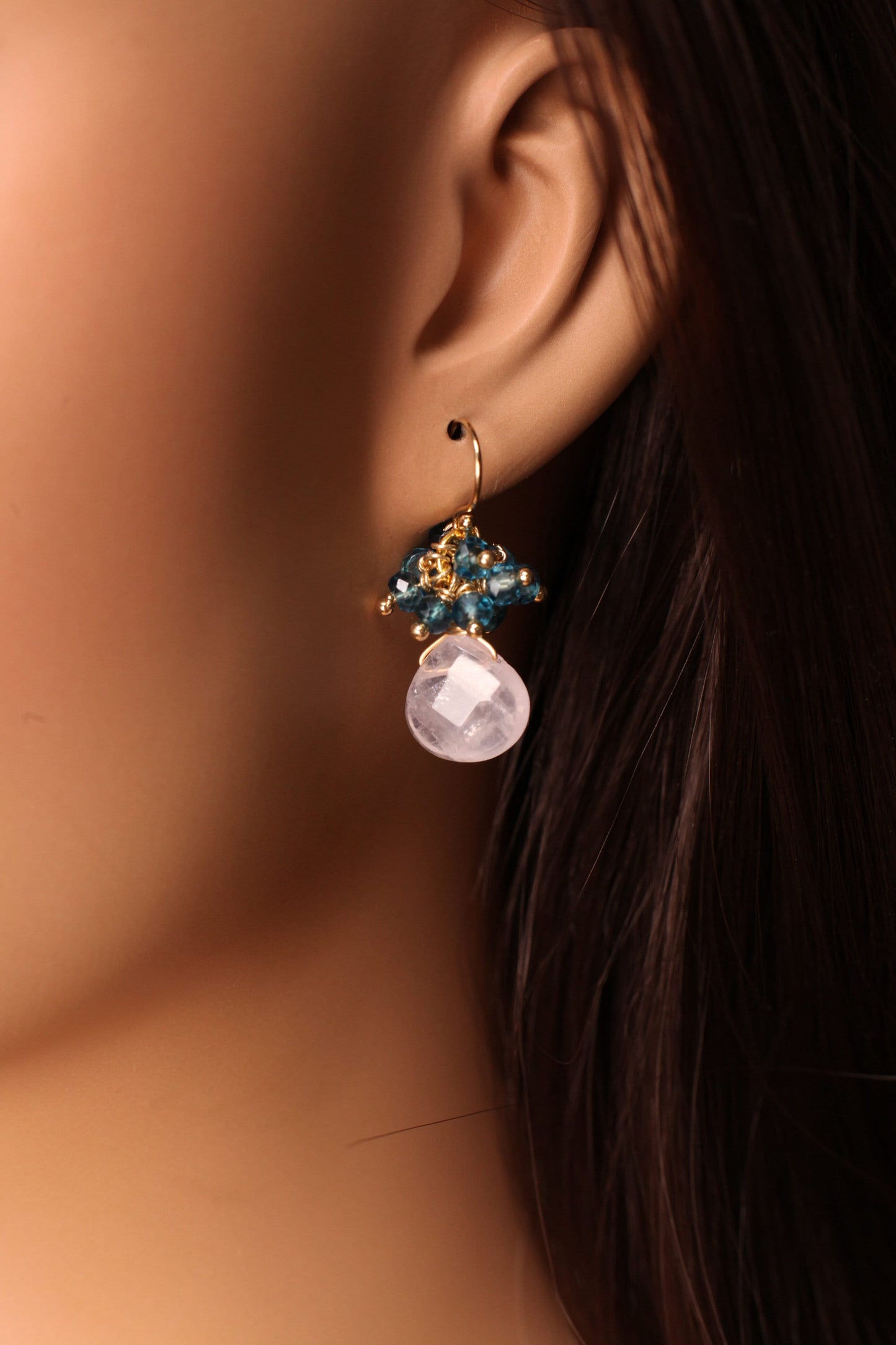 Natural Rose Quartz drop & London Blue Topaz cluster earring, 925 sterling silver or 14k gold filled