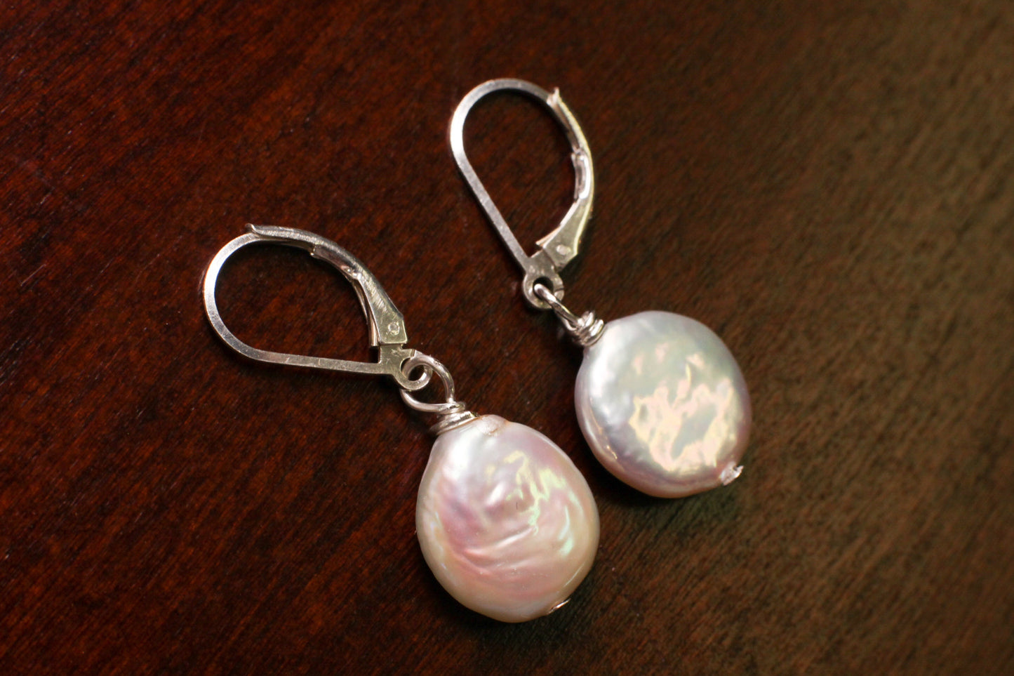 Dangling 12mm White Coin Pearl Earrings: Sterling Silver Leverback