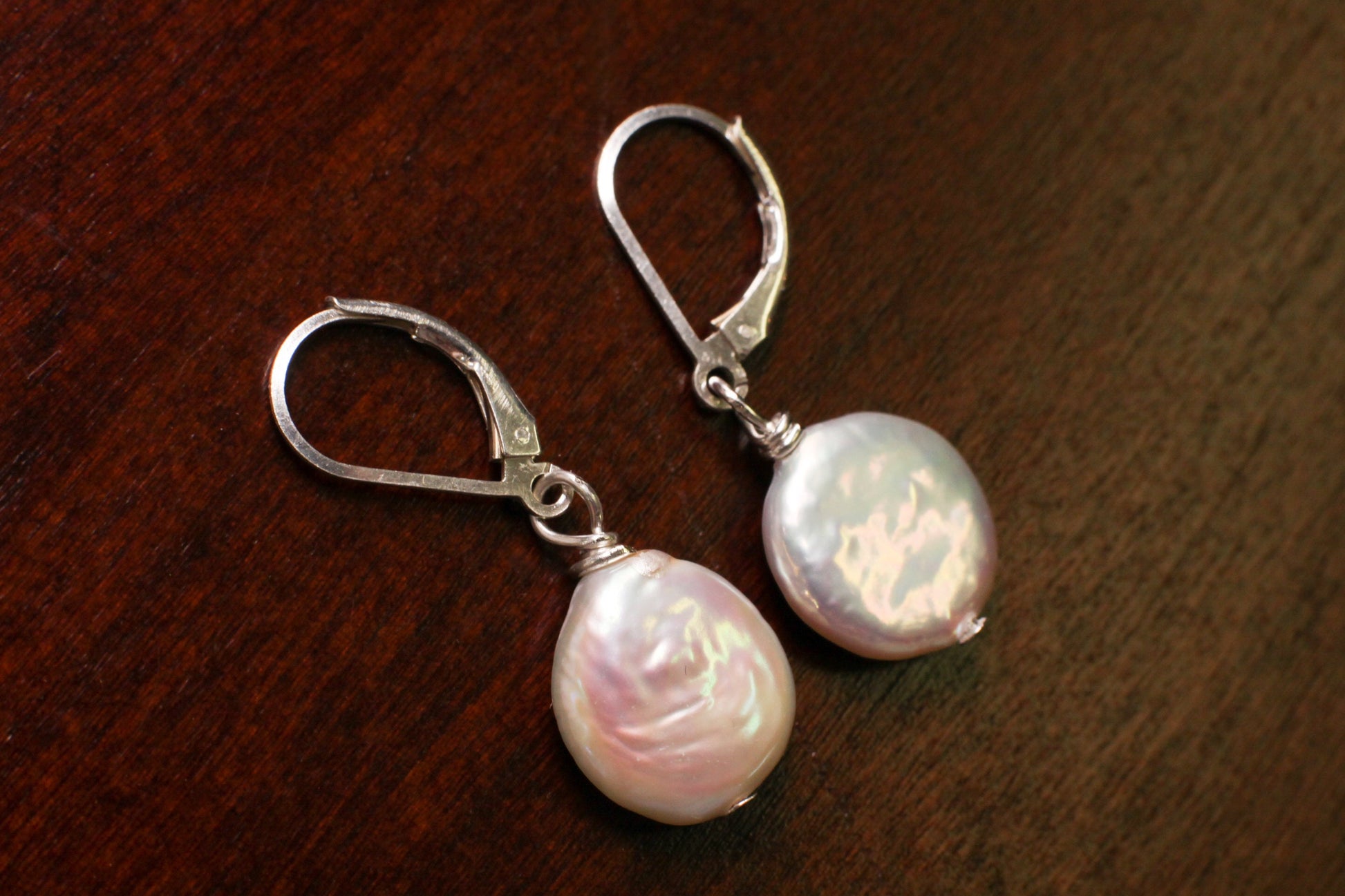 Dangling 12mm White Coin Pearl Earrings: Sterling Silver Leverback