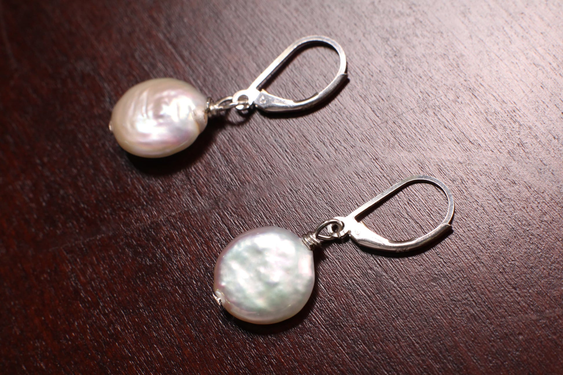 Dangling 12mm White Coin Pearl Earrings: Sterling Silver Leverback