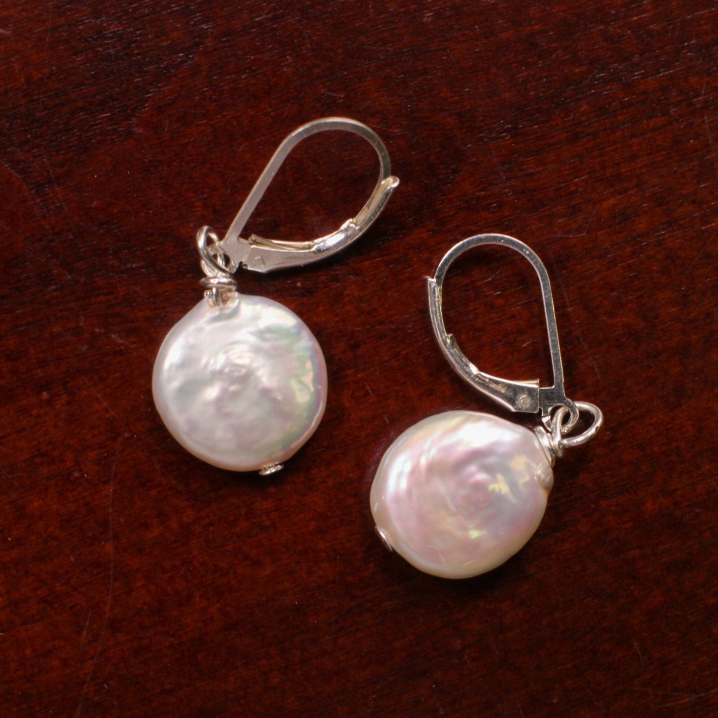 Dangling 12mm White Coin Pearl Earrings: Sterling Silver Leverback
