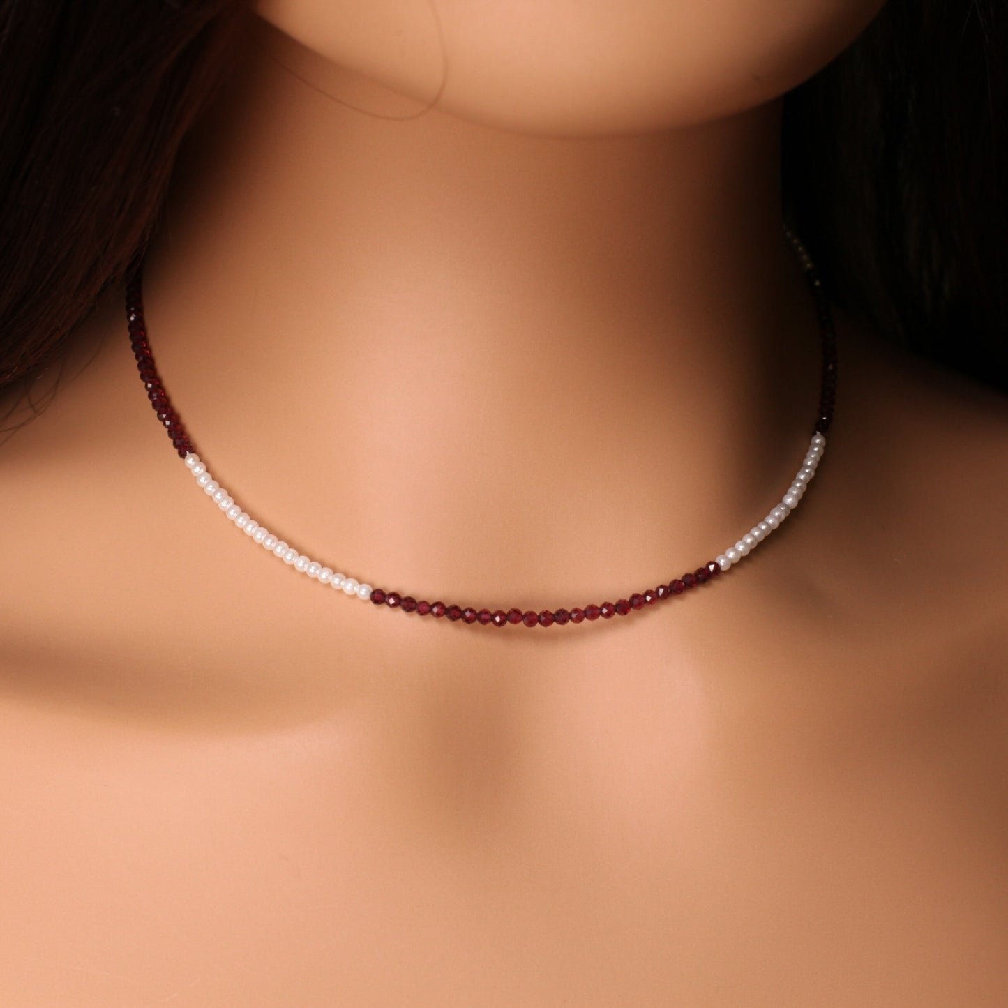 Merlot Red Garnet 2.5-3mm Faceted and freshwater pearl Choker Layering Necklace, 925 Sterling Silver, January Birthstone, Woman Gift