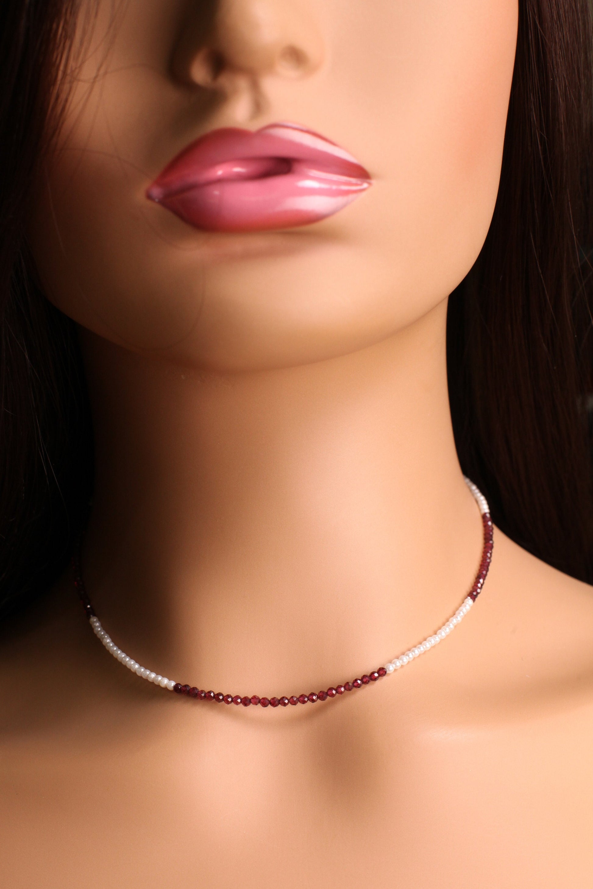 Merlot Red Garnet 2.5-3mm Faceted and freshwater pearl Choker Layering Necklace, 925 Sterling Silver, January Birthstone, Woman Gift