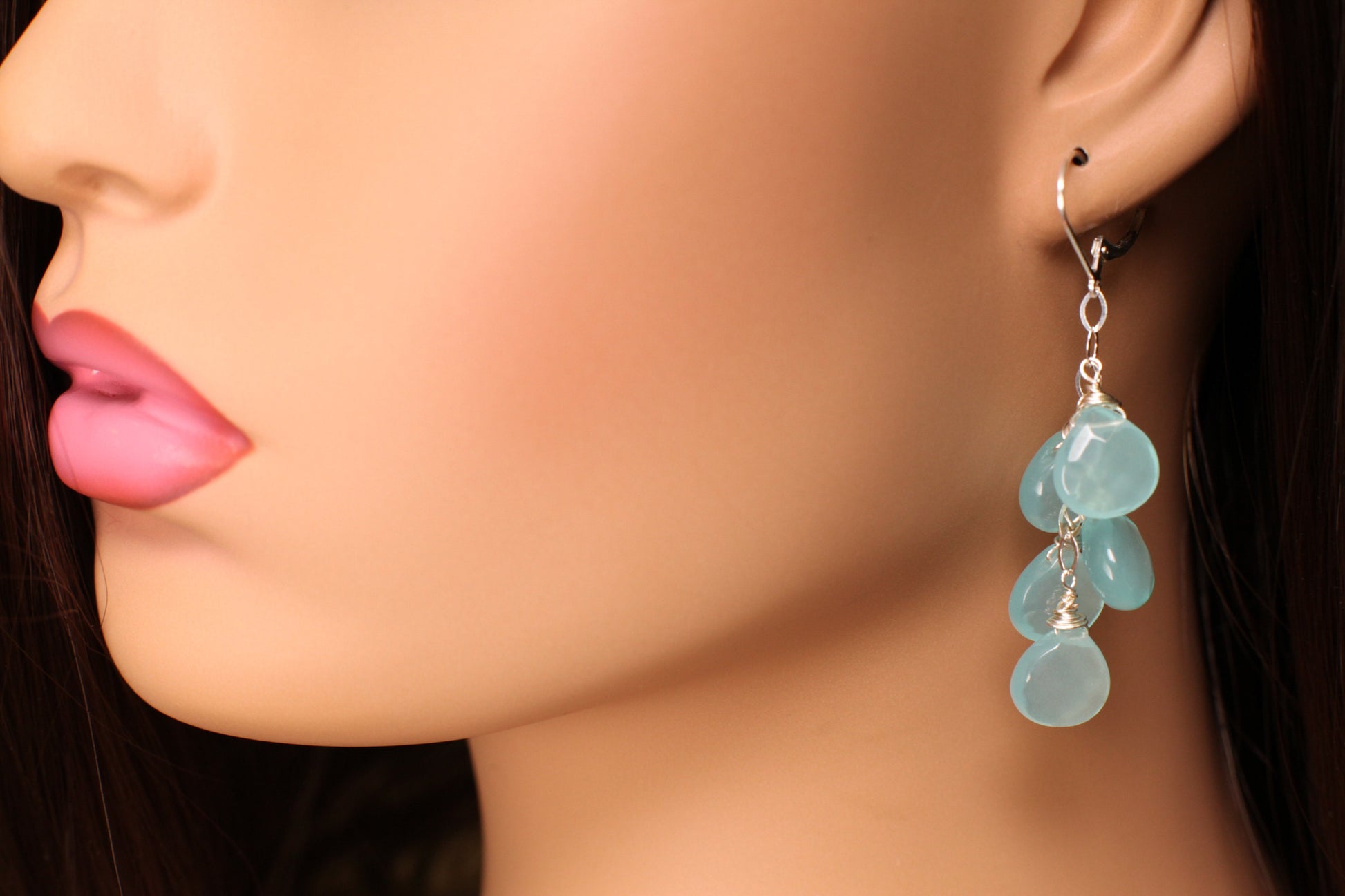 Chalcedony earring Aqua Chalcedony Faceted 12x14mm heart Drop Cascade Dangling Earrings , Wire Wrap Handmade in 925 Sterling Silver