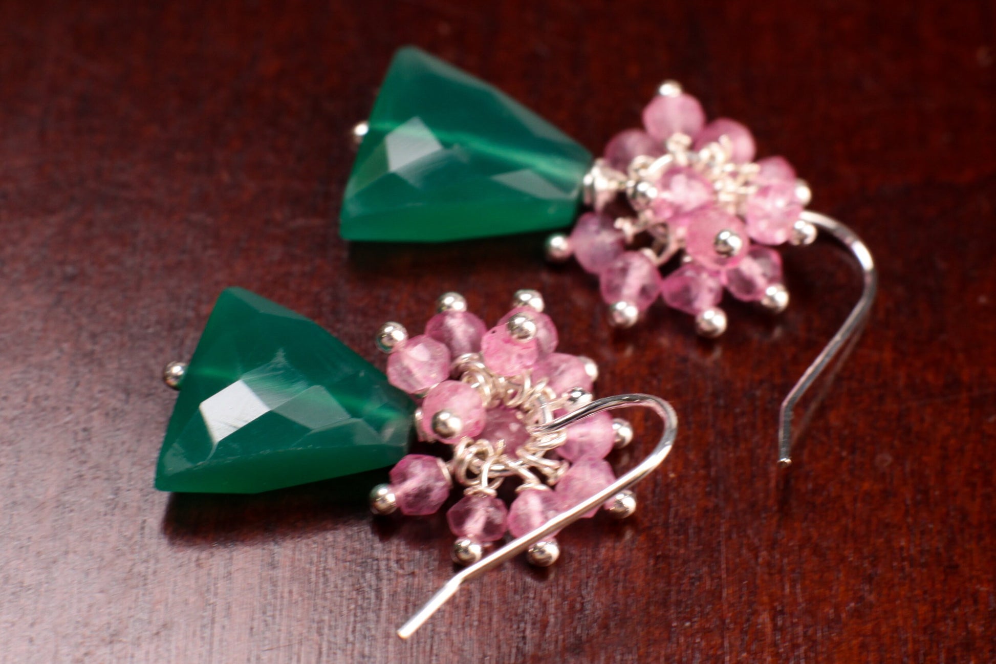 Natural Green Onyx Triangular Drop, Pink Topaz Clusters in 925 Sterling Silver French Hook Earrings, Gemstone Jewelry Gift