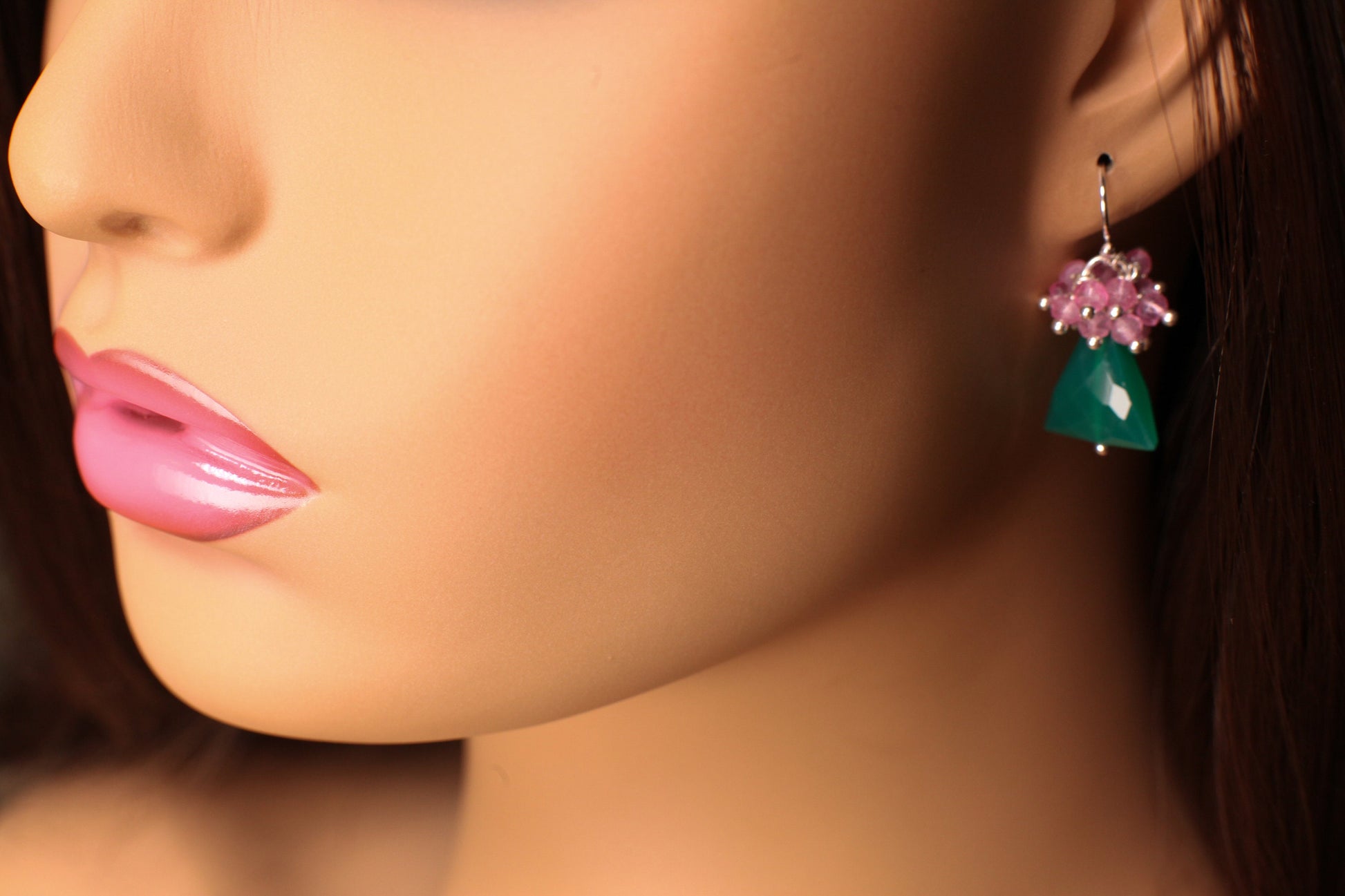 Natural Green Onyx Triangular Drop, Pink Topaz Clusters in 925 Sterling Silver French Hook Earrings, Gemstone Jewelry Gift