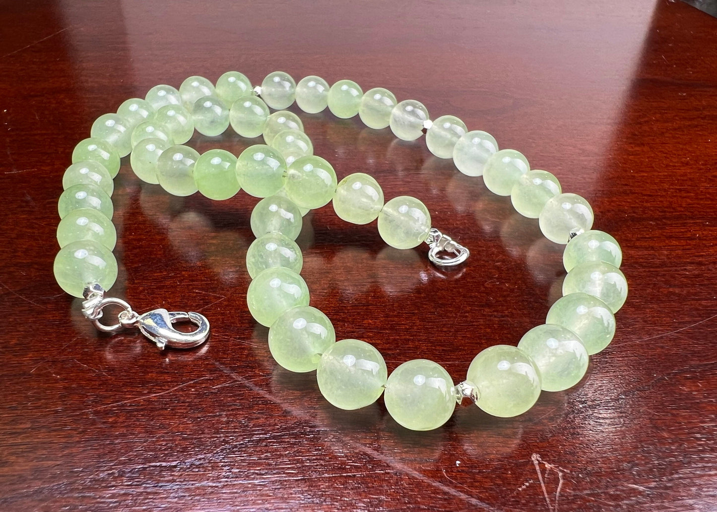 Mountain Jade Pastel Light Green 8mm smooth round Silver Necklace Choose from 16" to 34"