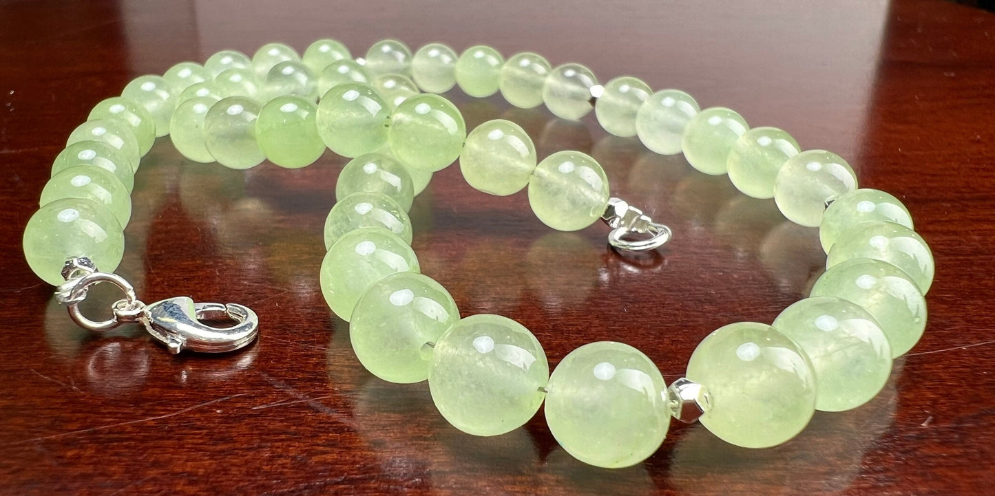 Mountain Jade Pastel Light Green 8mm smooth round Silver Necklace Choose from 16" to 34"