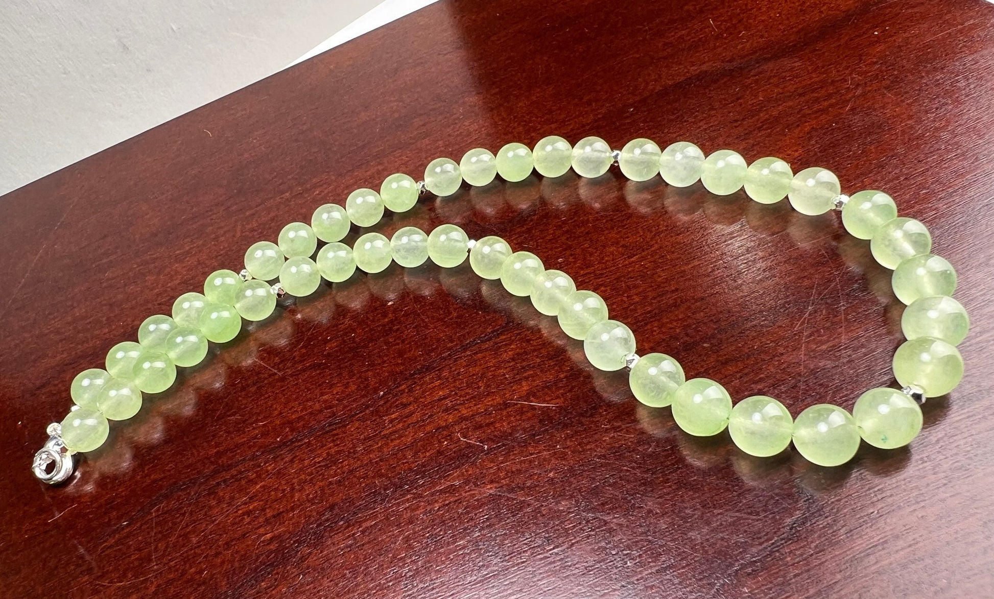 Mountain Jade Pastel Light Green 8mm smooth round Silver Necklace Choose from 16" to 34"