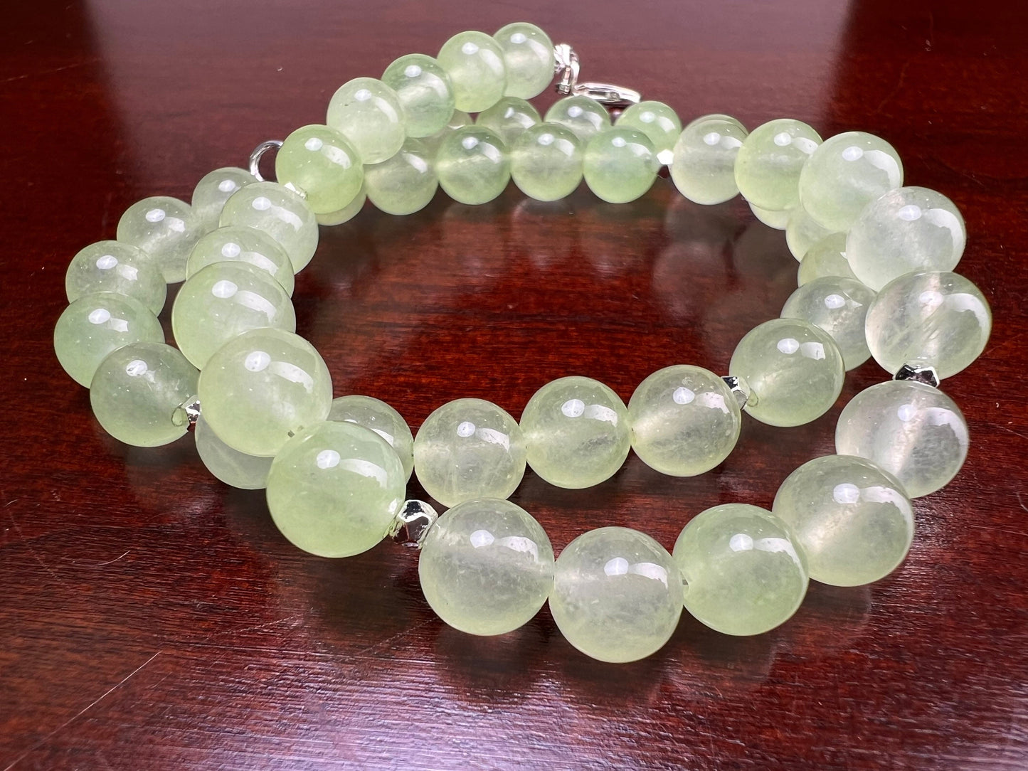 Mountain Jade Pastel Light Green 8mm smooth round Silver Necklace Choose from 16" to 34"