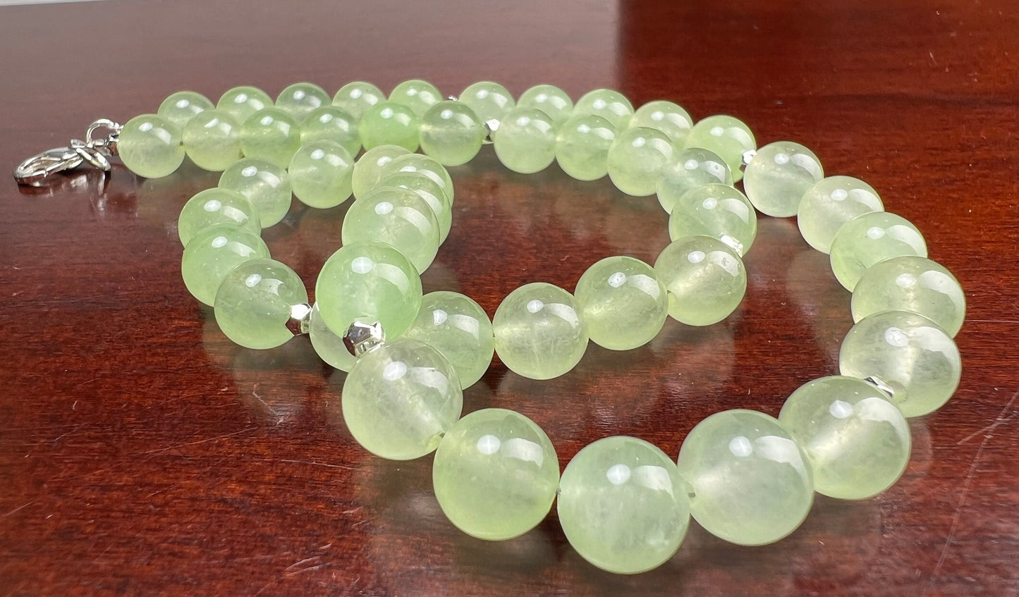 Mountain Jade Pastel Light Green 8mm smooth round Silver Necklace Choose from 16" to 34"