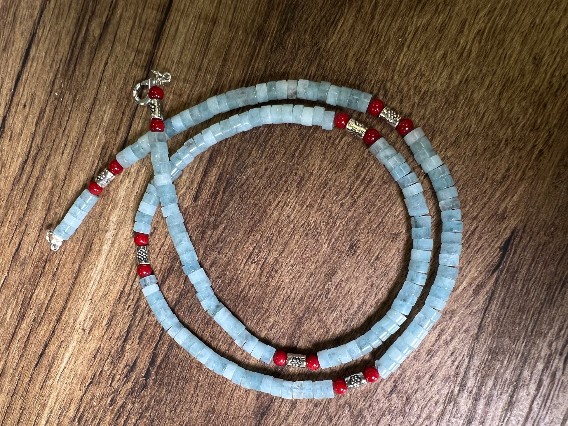 Natural Amazonite smooth Heishi 4mm, Coral and Bali style spacer Silver Necklace, for Men and Women.