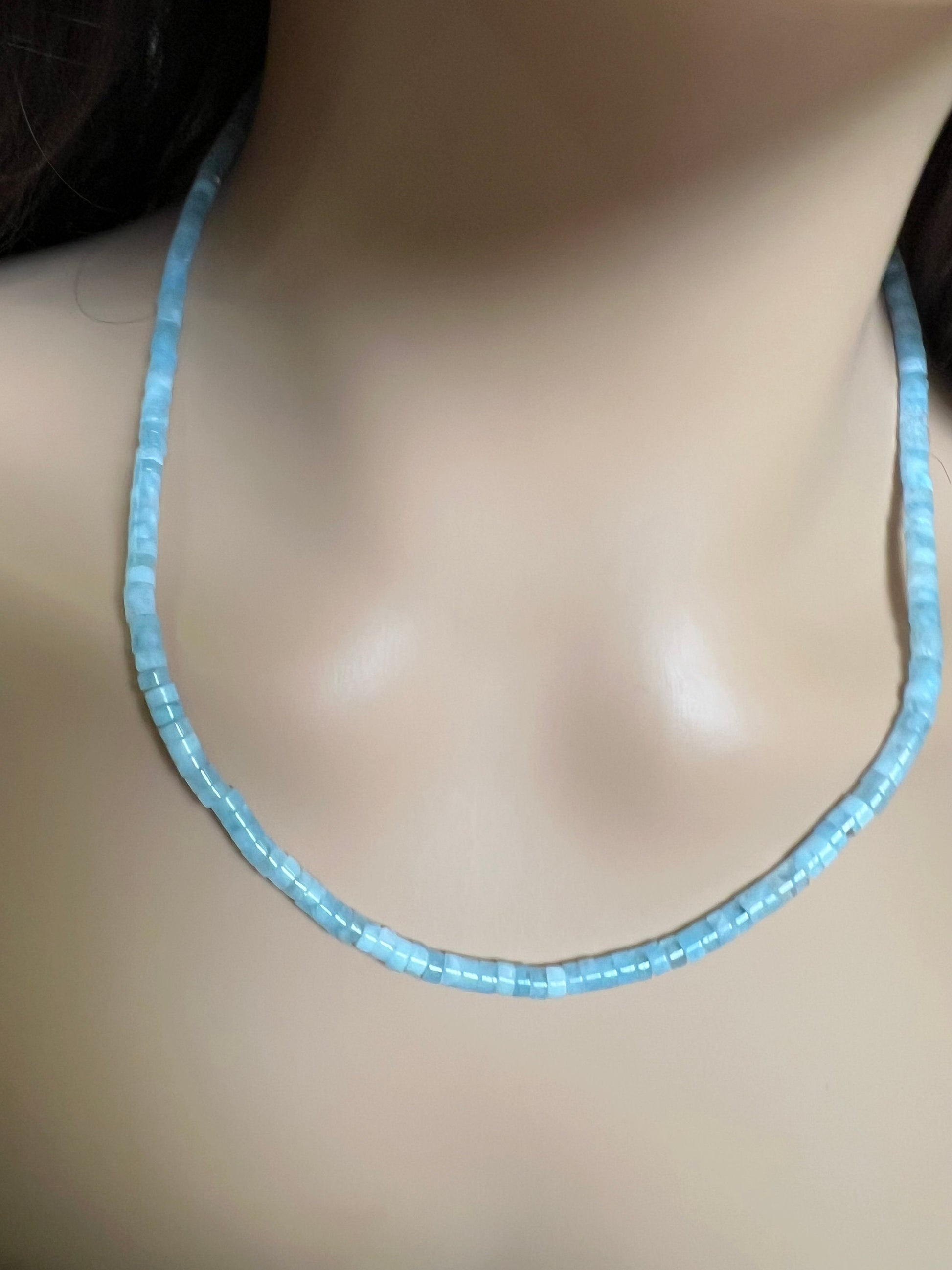 Natural Amazonite smooth Heishi 4mm beaded Silver Necklace, for Man and Woman.