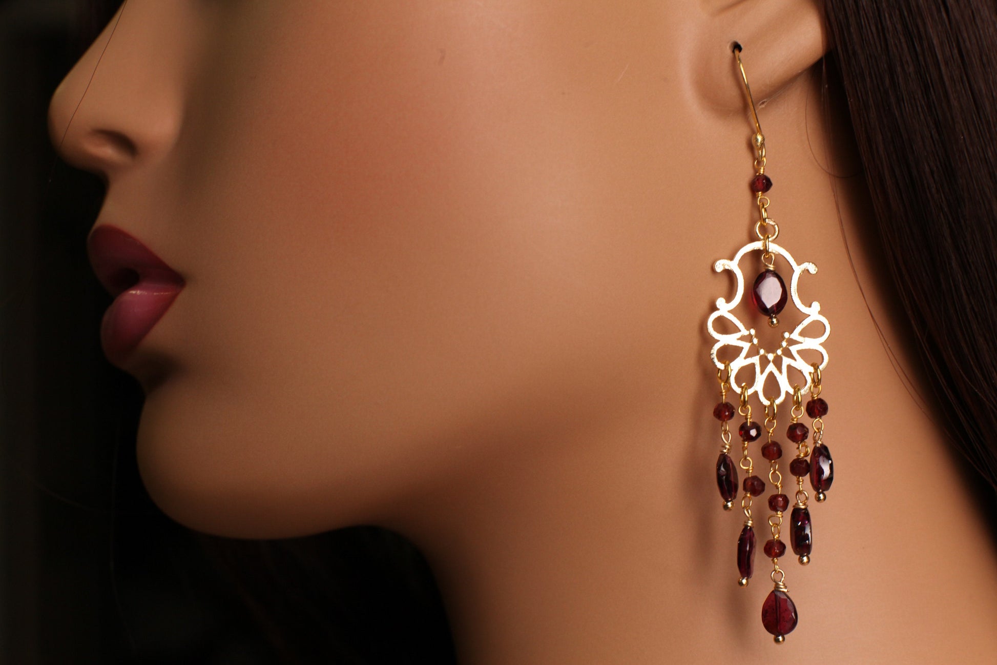 Genuine Garnet Dangling Wire Wrapped Oval Chandelier in 14K Gold Vermeil Ear wire, January Birthstone, Precious Gift for her