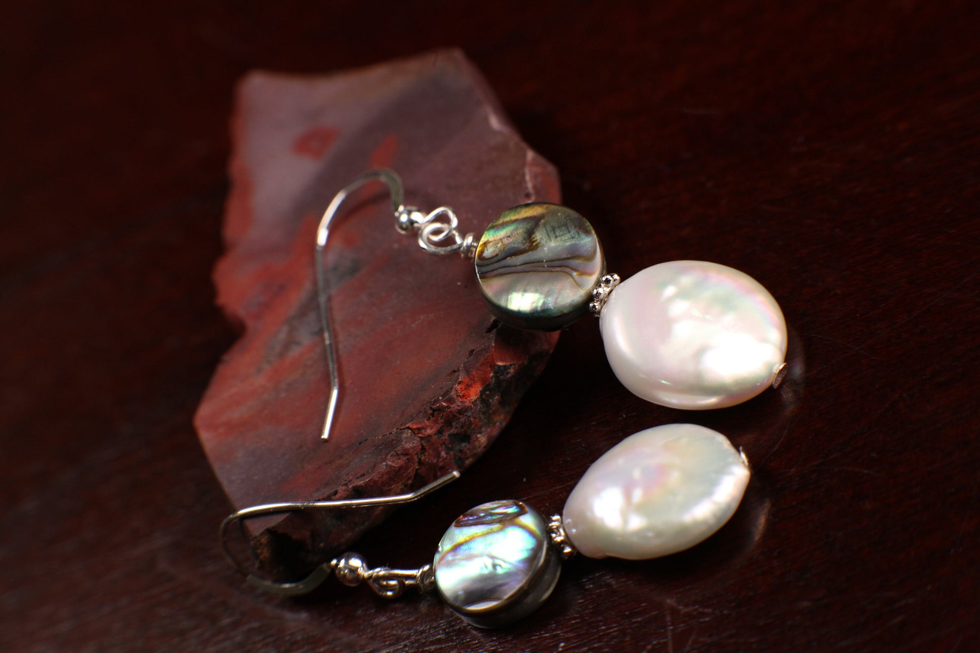 Freshwater Coin Pearl 13mm Dangle with Abalone Paua Natural Shell 925 Sterling Silver Earrings