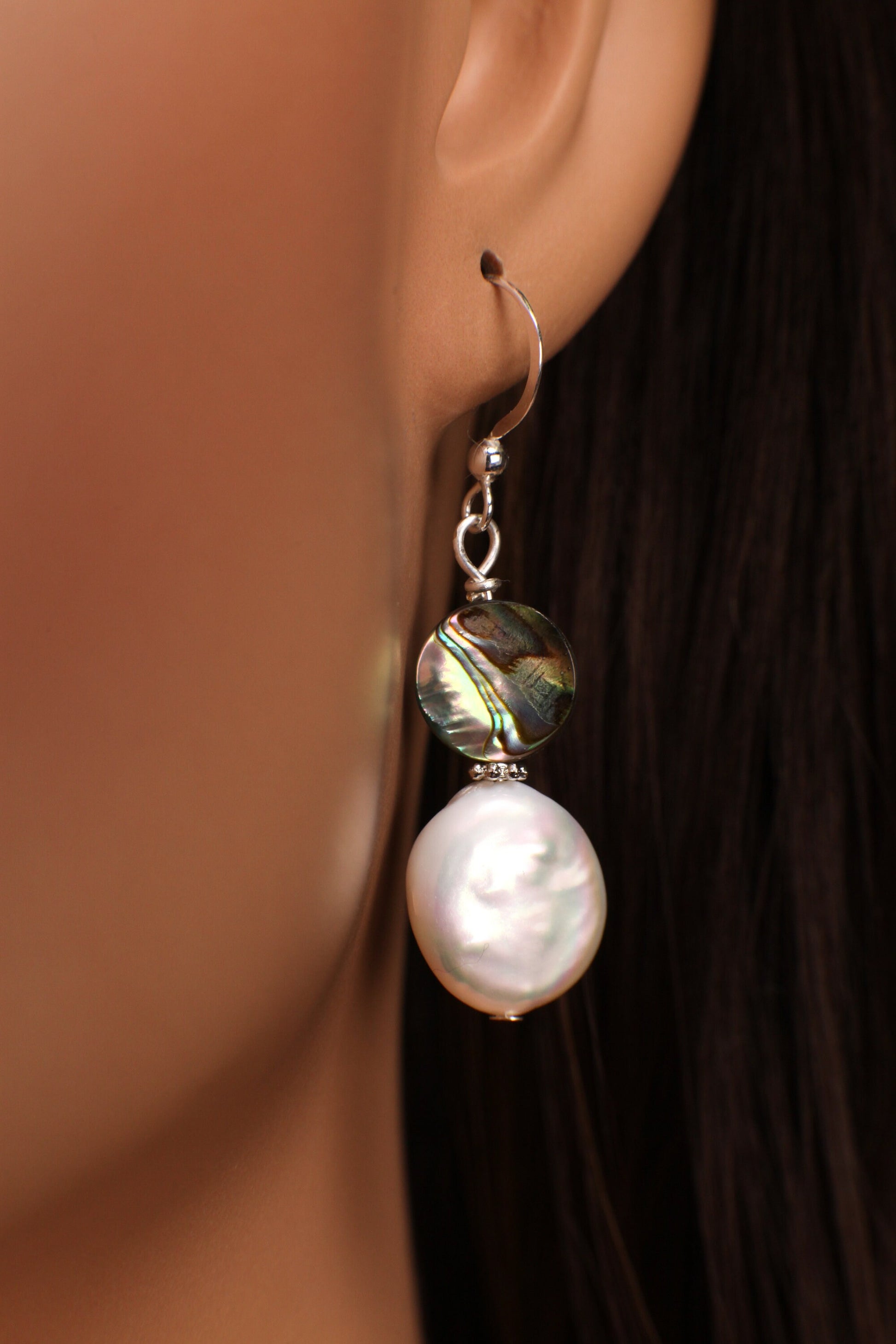 Freshwater Coin Pearl 13mm Dangle with Abalone Paua Natural Shell 925 Sterling Silver Earrings