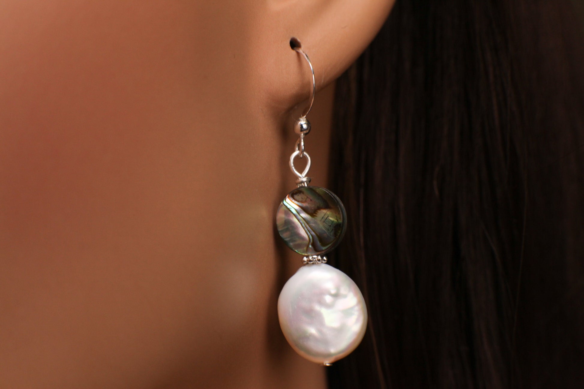 Freshwater Coin Pearl 13mm Dangle with Abalone Paua Natural Shell 925 Sterling Silver Earrings