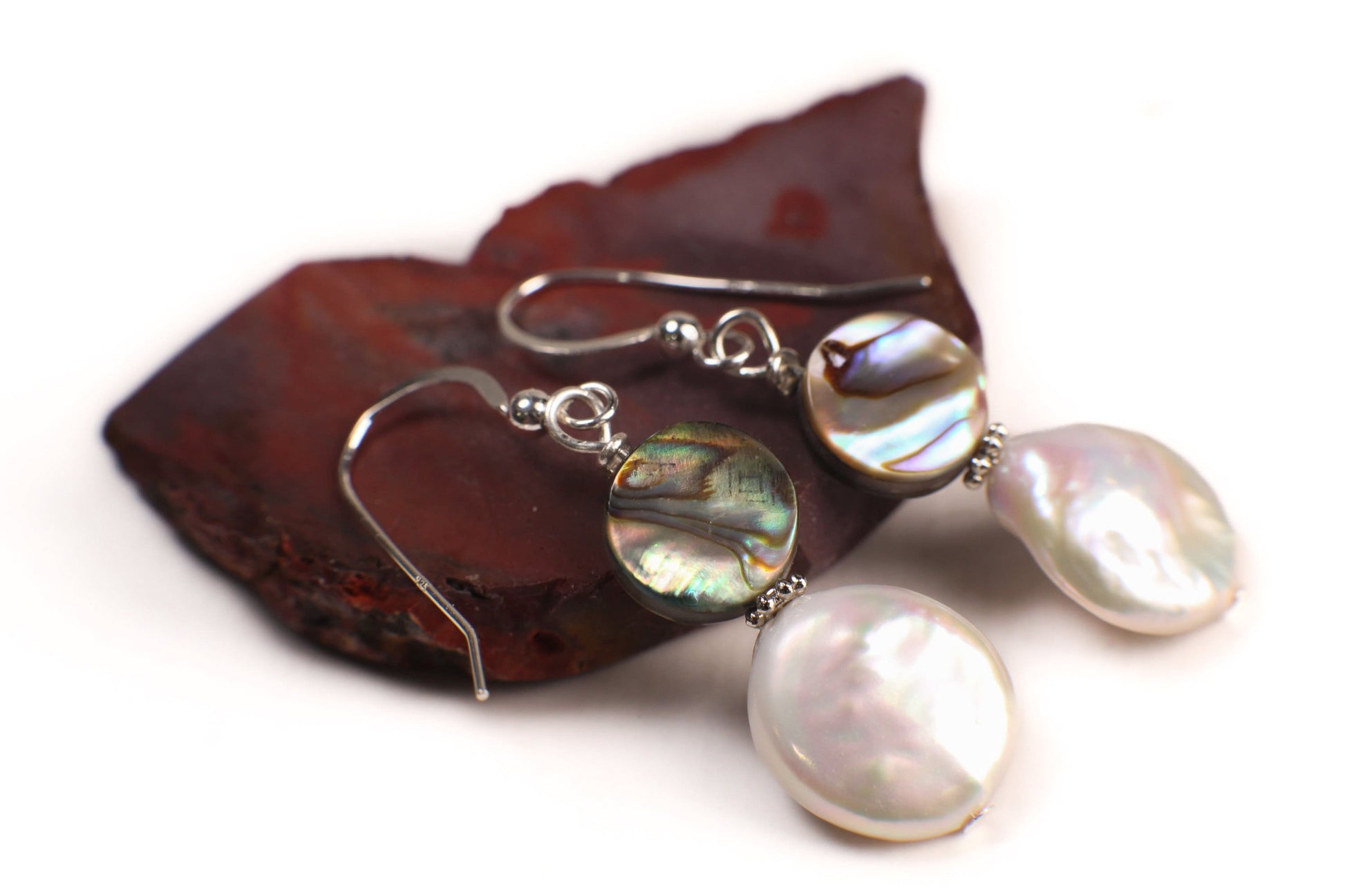 Freshwater Coin Pearl 13mm Dangle with Abalone Paua Natural Shell 925 Sterling Silver Earrings