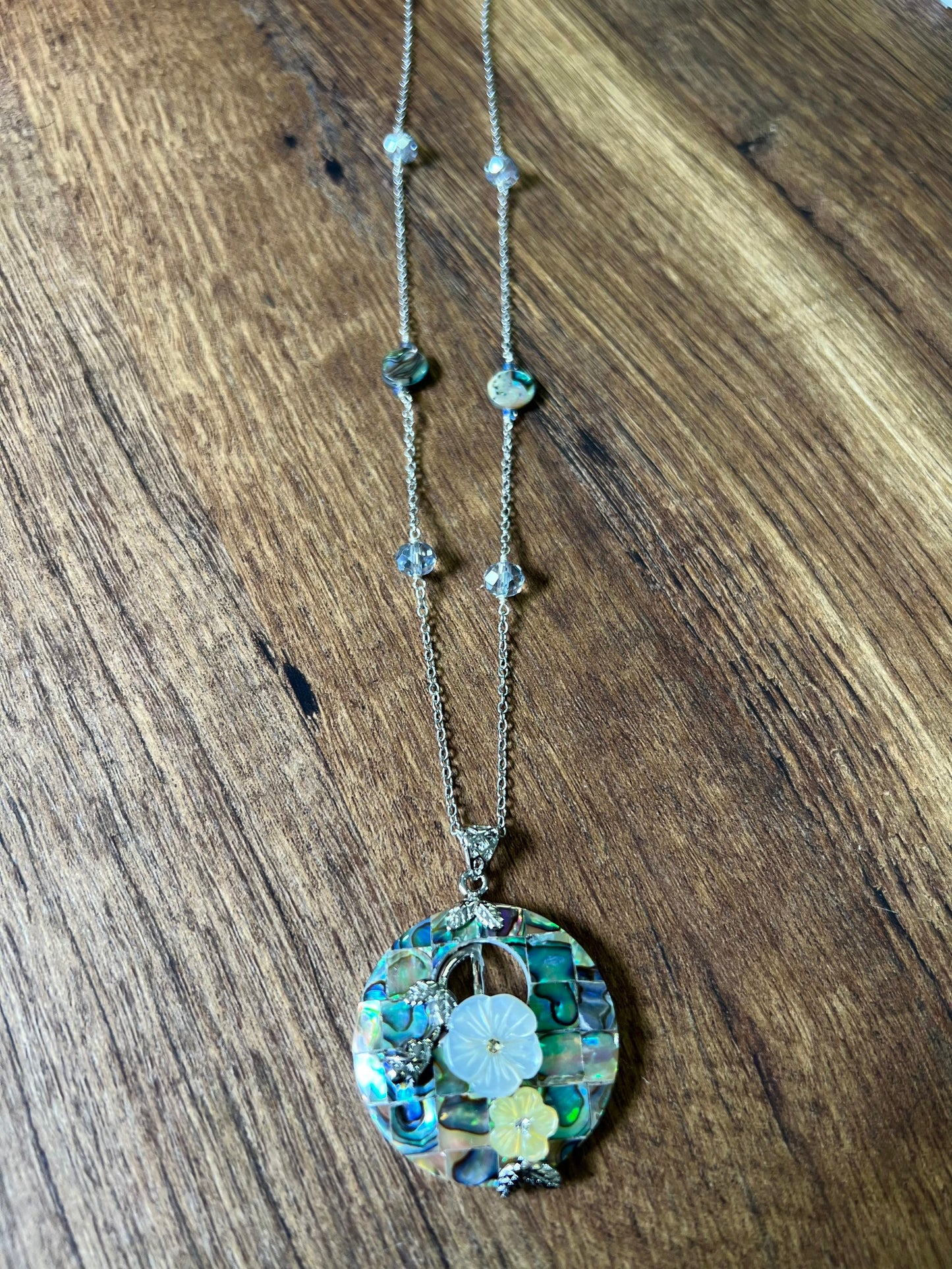 Genuine Abalone Paua Shell 40mm disc donut flower with 10mm abalone dime and crystal rhodium sterling silver 21” necklace, vintage gift