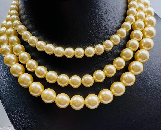Golden Yellow South SeaShell Pearl 8,10,12mm High Luster Statement Necklace ball Clasp Necklace, Bridal, party wear