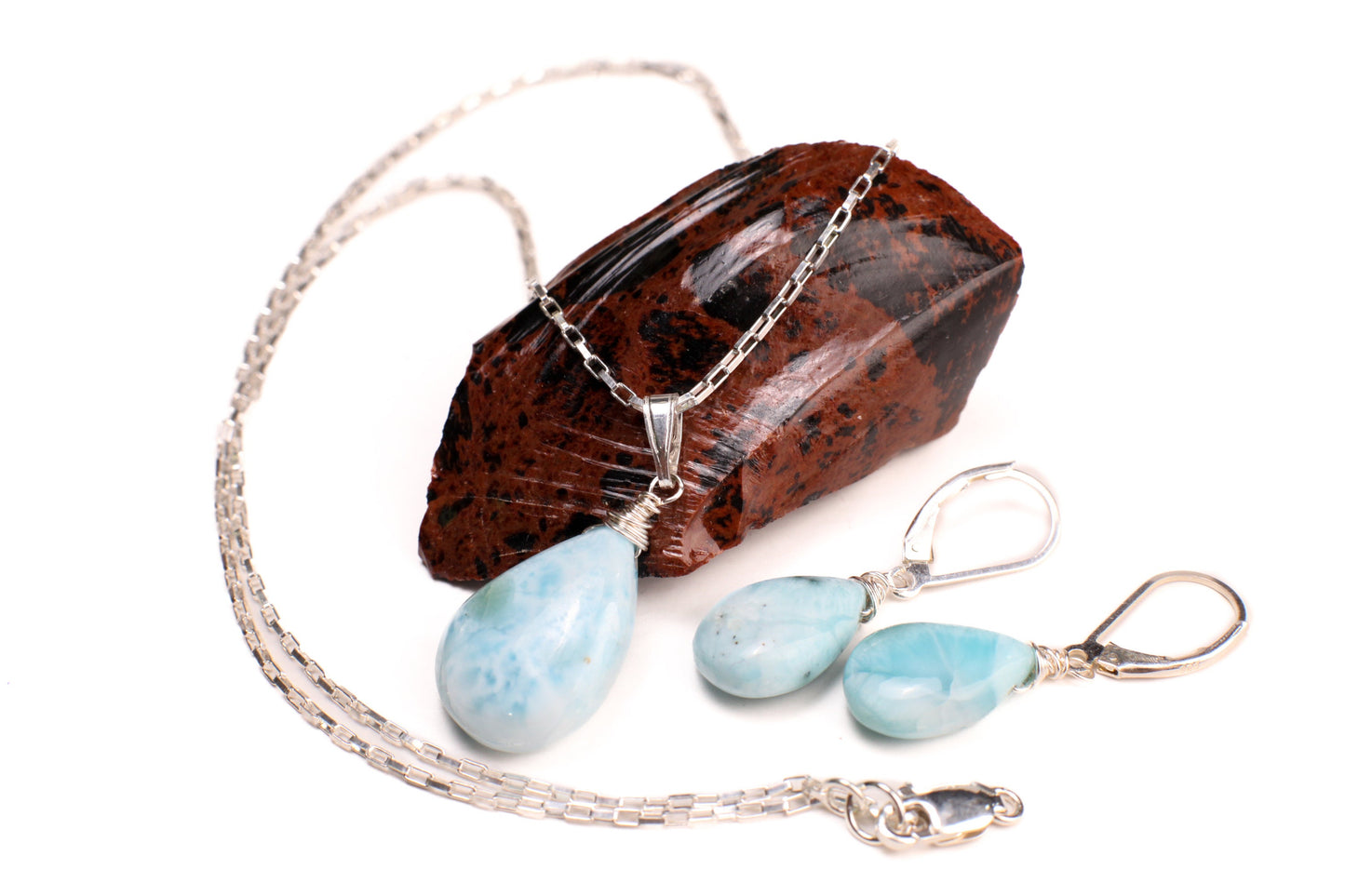 Natural Larimar 14x20mm Teardrop Wire Wrapped in 925 Sterling Silver Matching Earrings or Necklace Jewelry Set