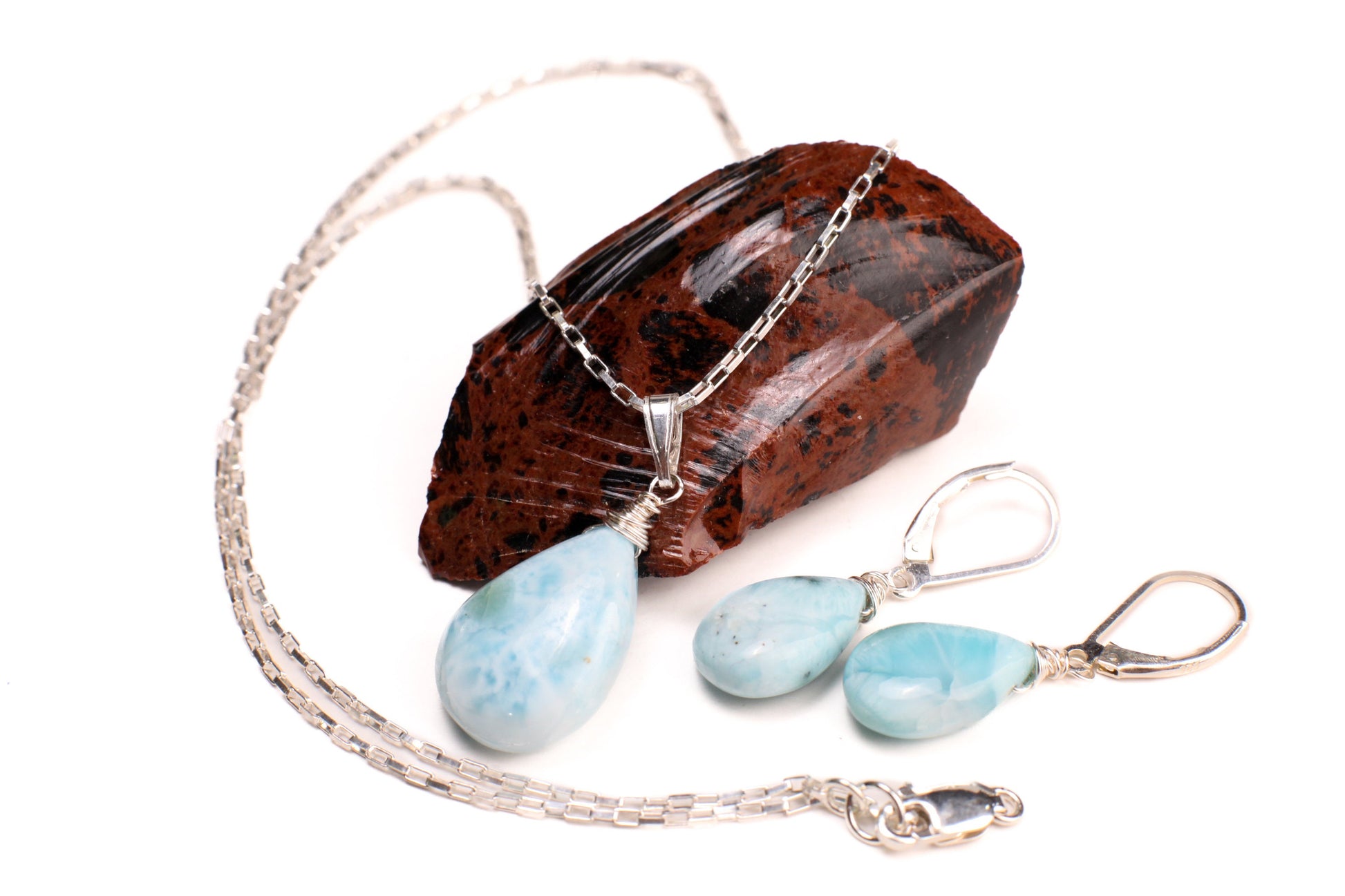 Natural Larimar 14x20mm Teardrop Wire Wrapped in 925 Sterling Silver Matching Earrings or Necklace Jewelry Set