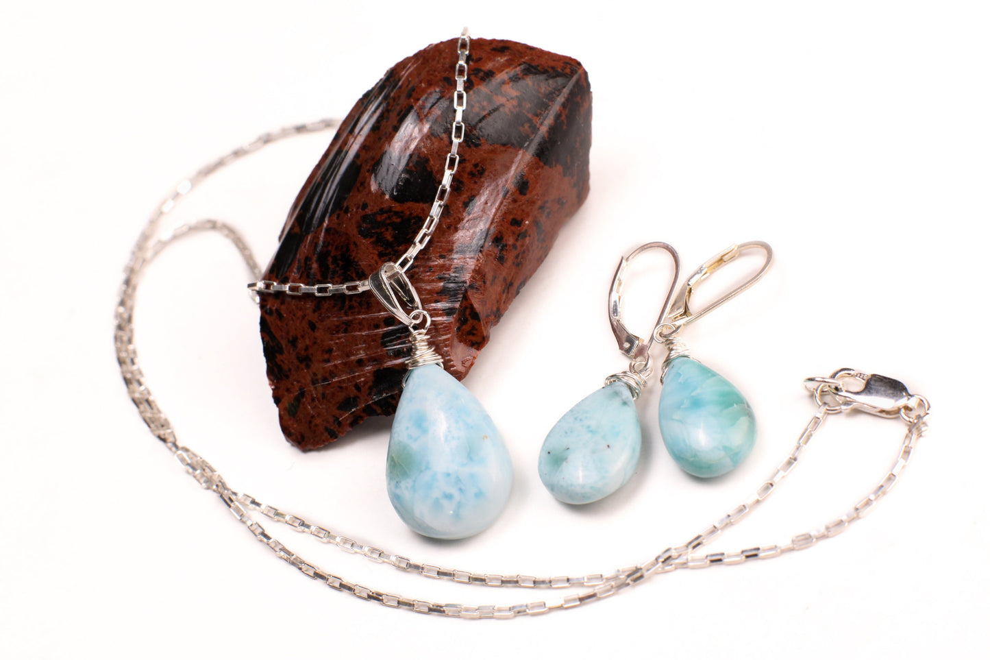 Natural Larimar 14x20mm Teardrop Wire Wrapped in 925 Sterling Silver Matching Earrings or Necklace Jewelry Set