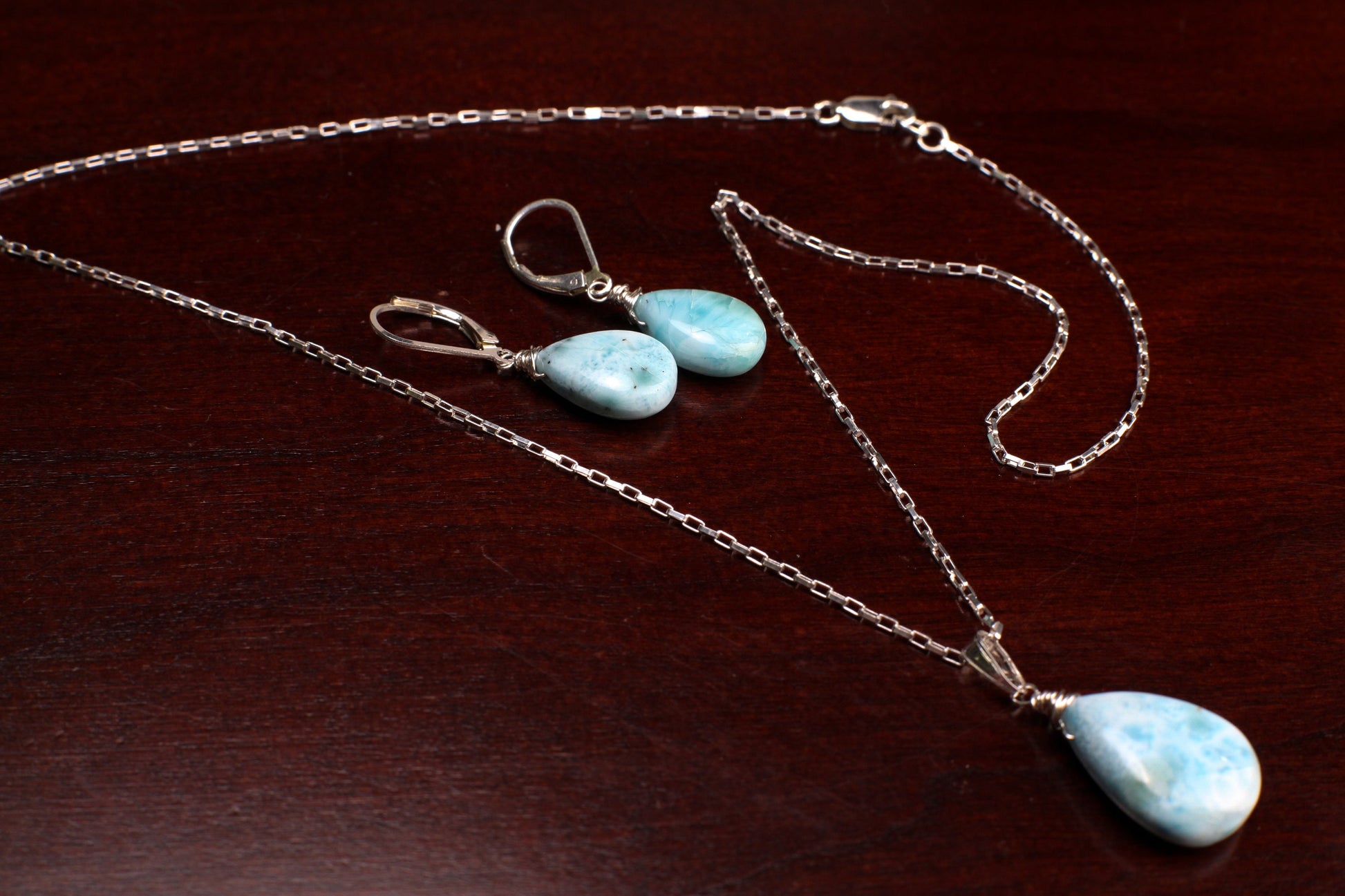 Natural Larimar 14x20mm Teardrop Wire Wrapped in 925 Sterling Silver Matching Earrings or Necklace Jewelry Set