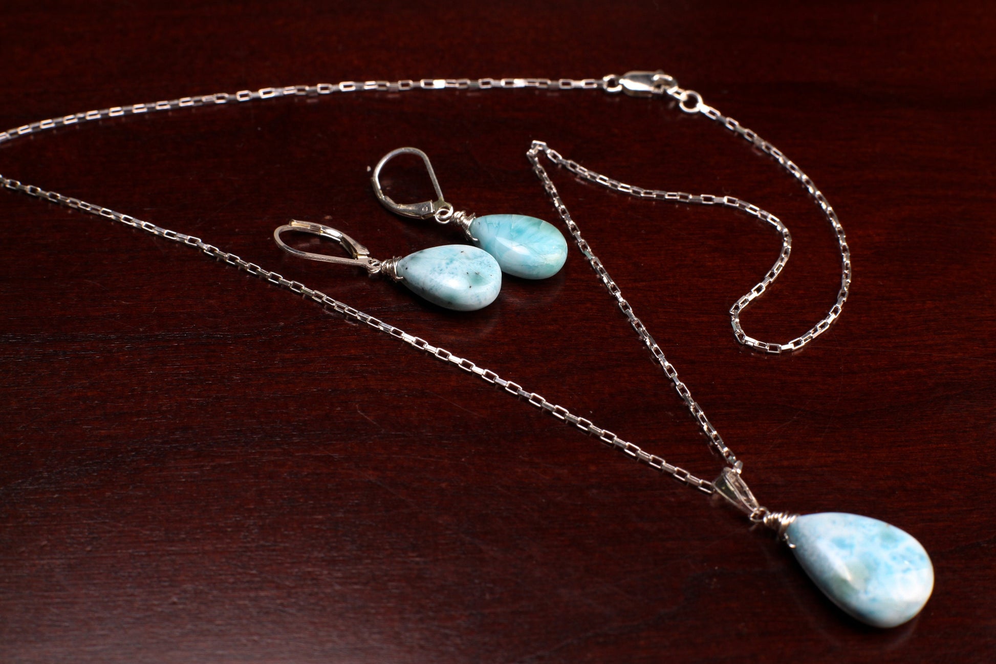 Natural Larimar 14x20mm Teardrop Wire Wrapped in 925 Sterling Silver Matching Earrings Necklace Jewelry Set