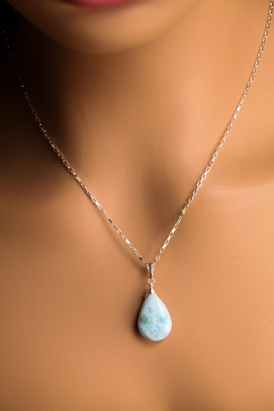 Natural Larimar 14x20mm Teardrop Wire Wrapped in 925 Sterling Silver Matching Earrings Necklace Jewelry Set