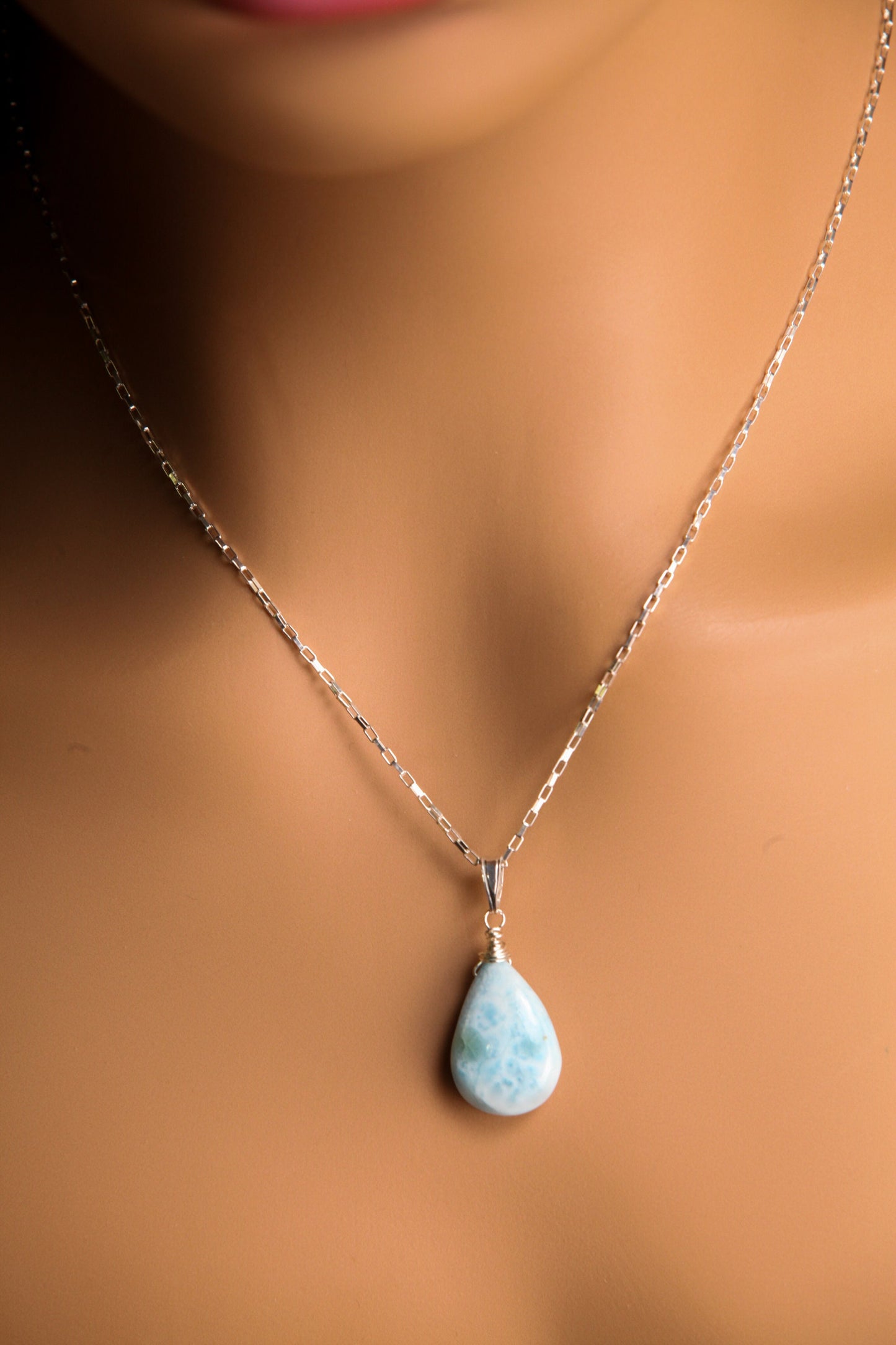 Natural Larimar 14x20mm Teardrop Wire Wrapped in 925 Sterling Silver Matching Earrings Necklace Jewelry Set