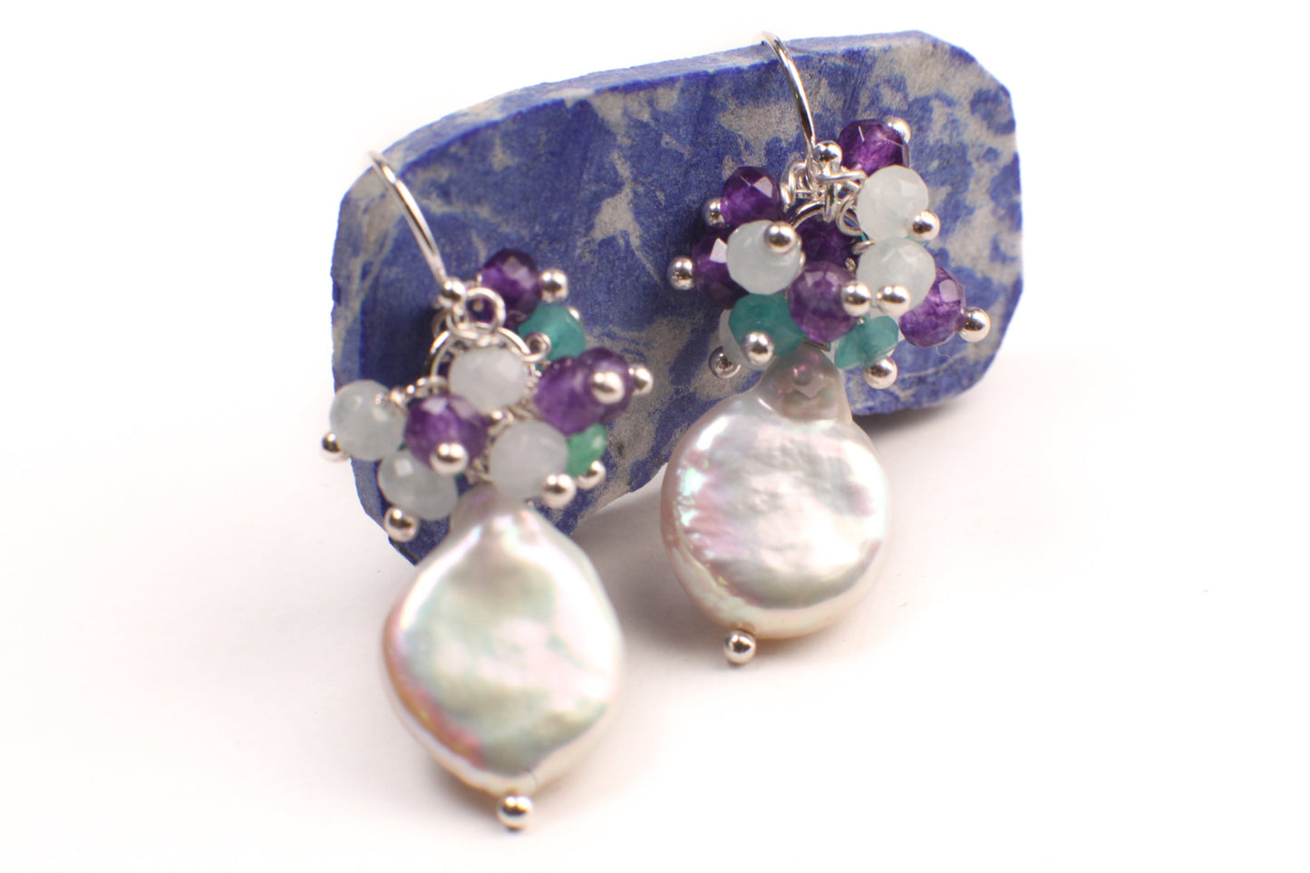 Freshwater Coin Pearl earring 12-13mm cluster with Apatite, Aquamarine, Amethyst wire wrapped 925 sterling silver earrings