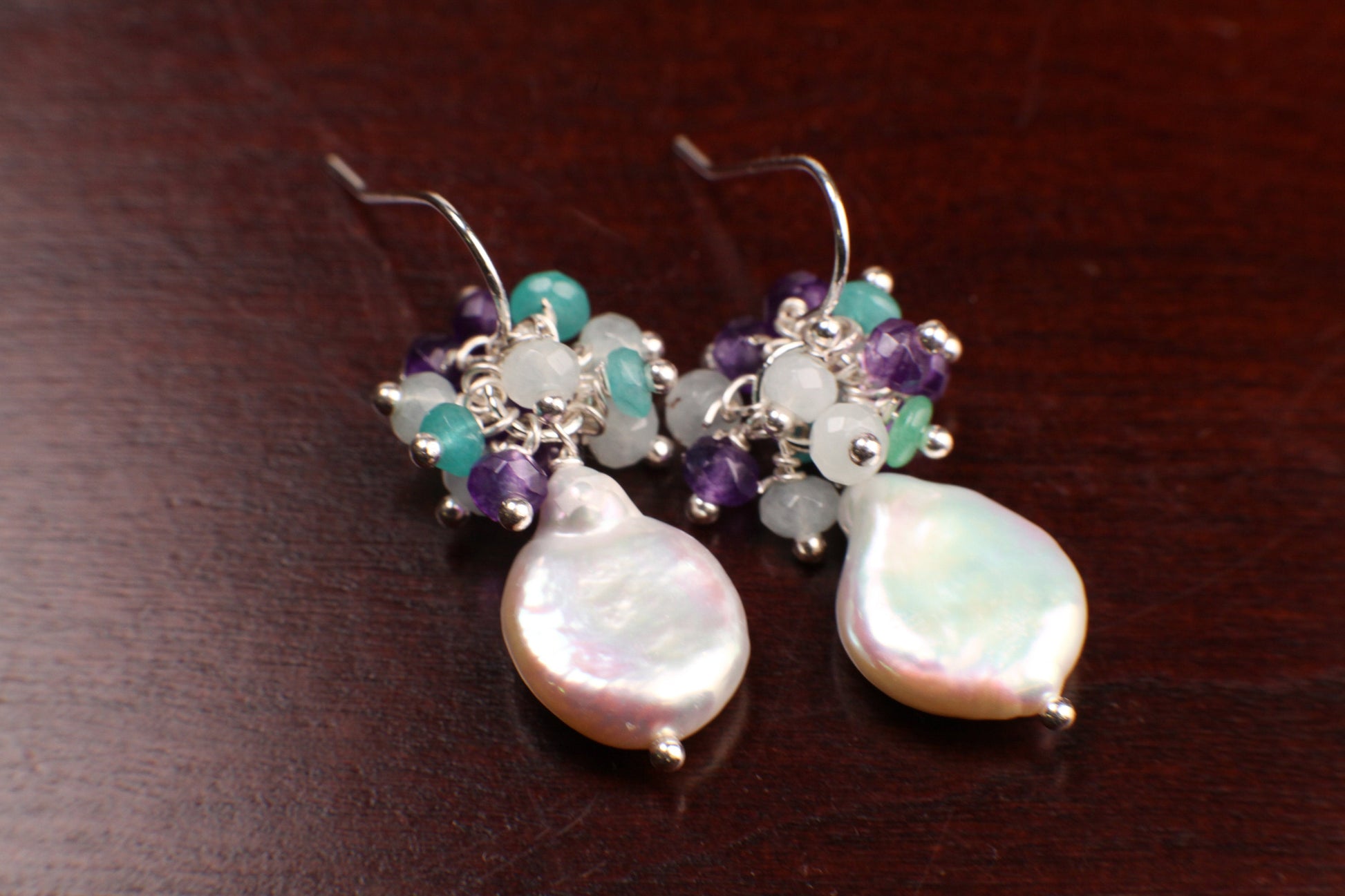 Freshwater Coin Pearl earring 12-13mm cluster with Apatite, Aquamarine, Amethyst wire wrapped 925 sterling silver earrings