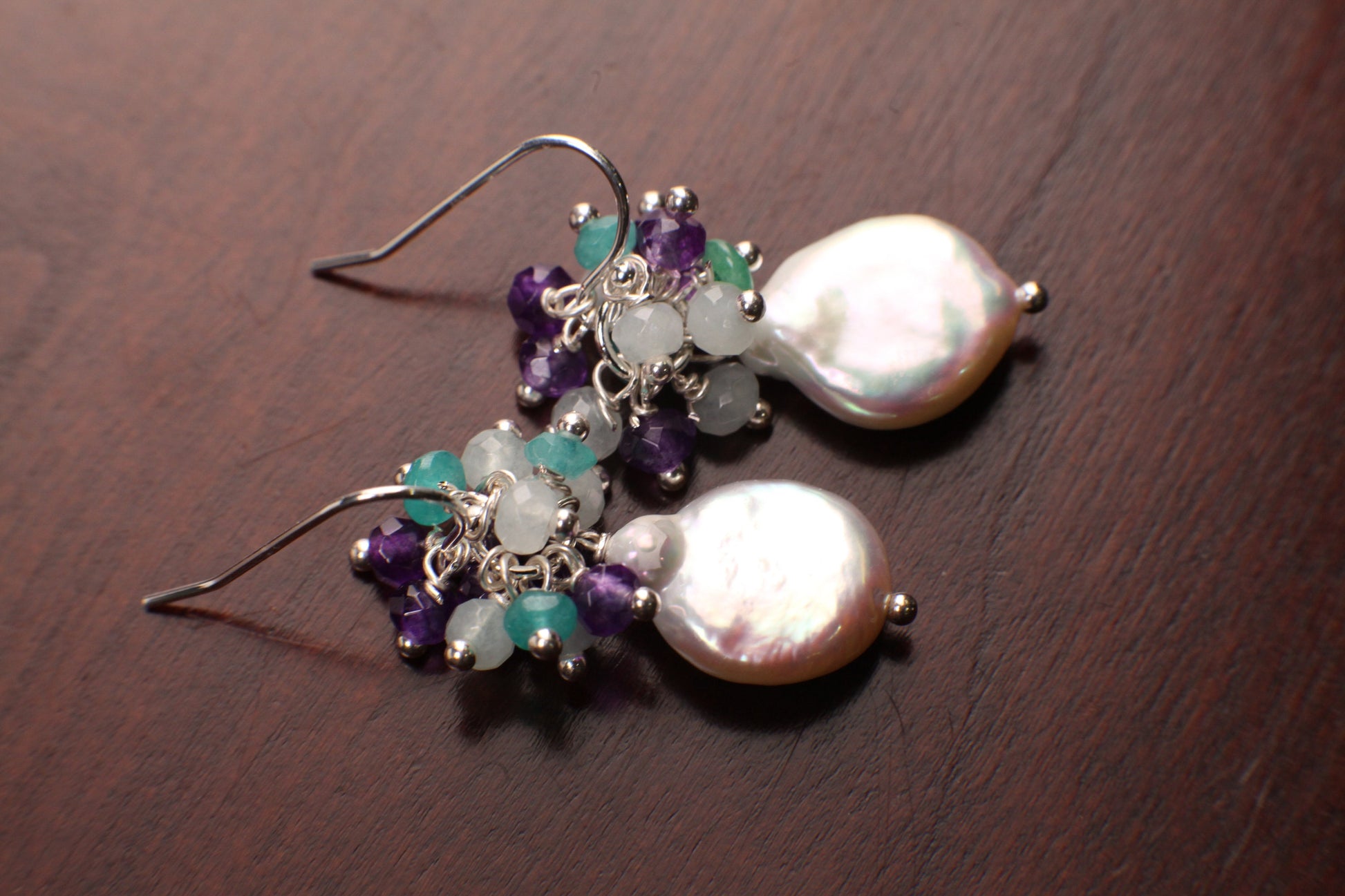 Freshwater Coin Pearl earring 12-13mm cluster with Apatite, Aquamarine, Amethyst wire wrapped 925 sterling silver earrings