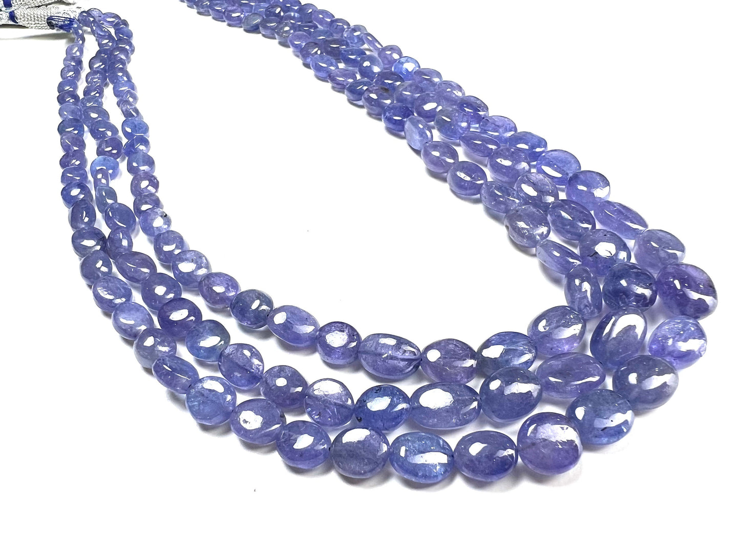 Natural Tanzanite Smooth Oval 7-10mm 3 Strand Necklace on adjustable Thread, 16” -18”bead with long adjustable Thread to 30” 378Cts