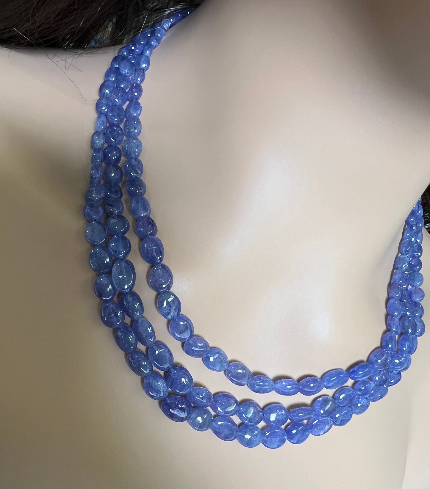 Natural Tanzanite Smooth Oval 7-10mm 3 Strand Necklace on adjustable Thread, 16” -18”bead with long adjustable Thread to 30” 378Cts