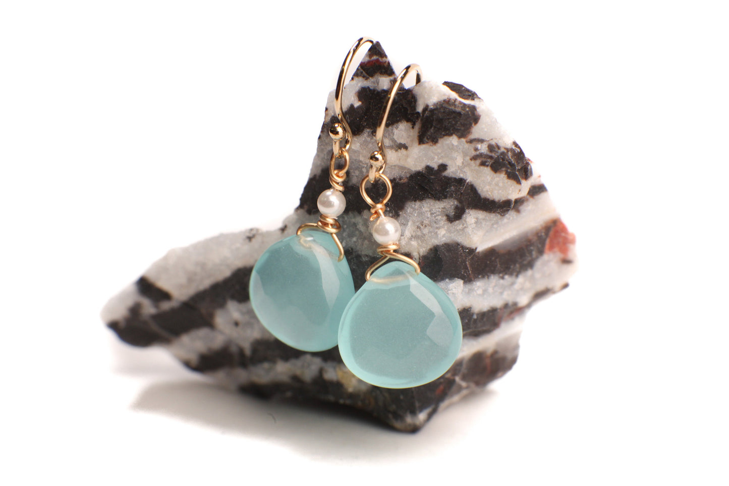 Chalcedony 11-12mm Heart Shape Teardrop Wire Wrapped with Freshwater Pearl in 925 Sterling Silver, 14K Gold Filled Earwire,or Leverback