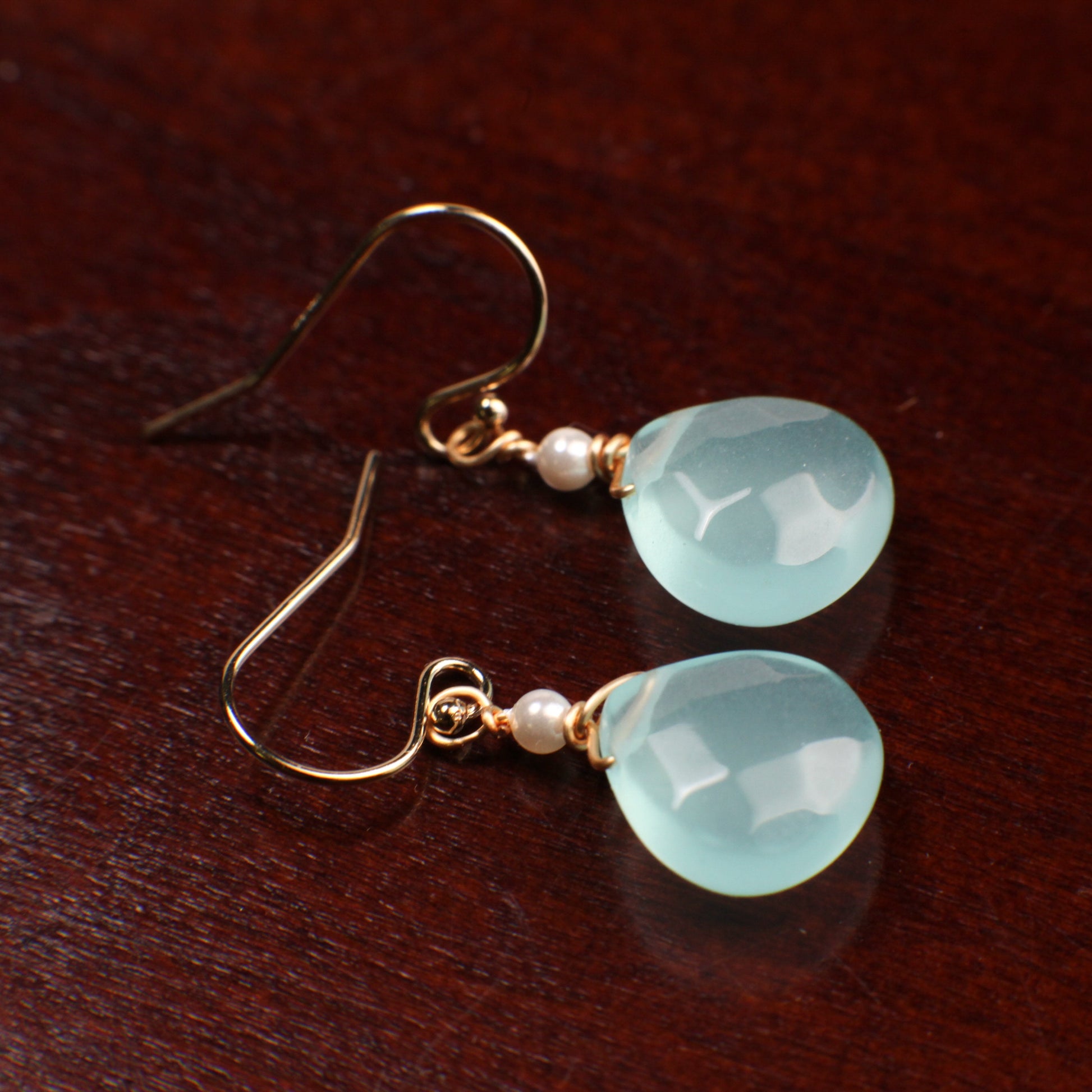 Chalcedony 11-12mm Heart Shape Teardrop Wire Wrapped with Freshwater Pearl in 925 Sterling Silver, 14K Gold Filled Earwire,or Leverback